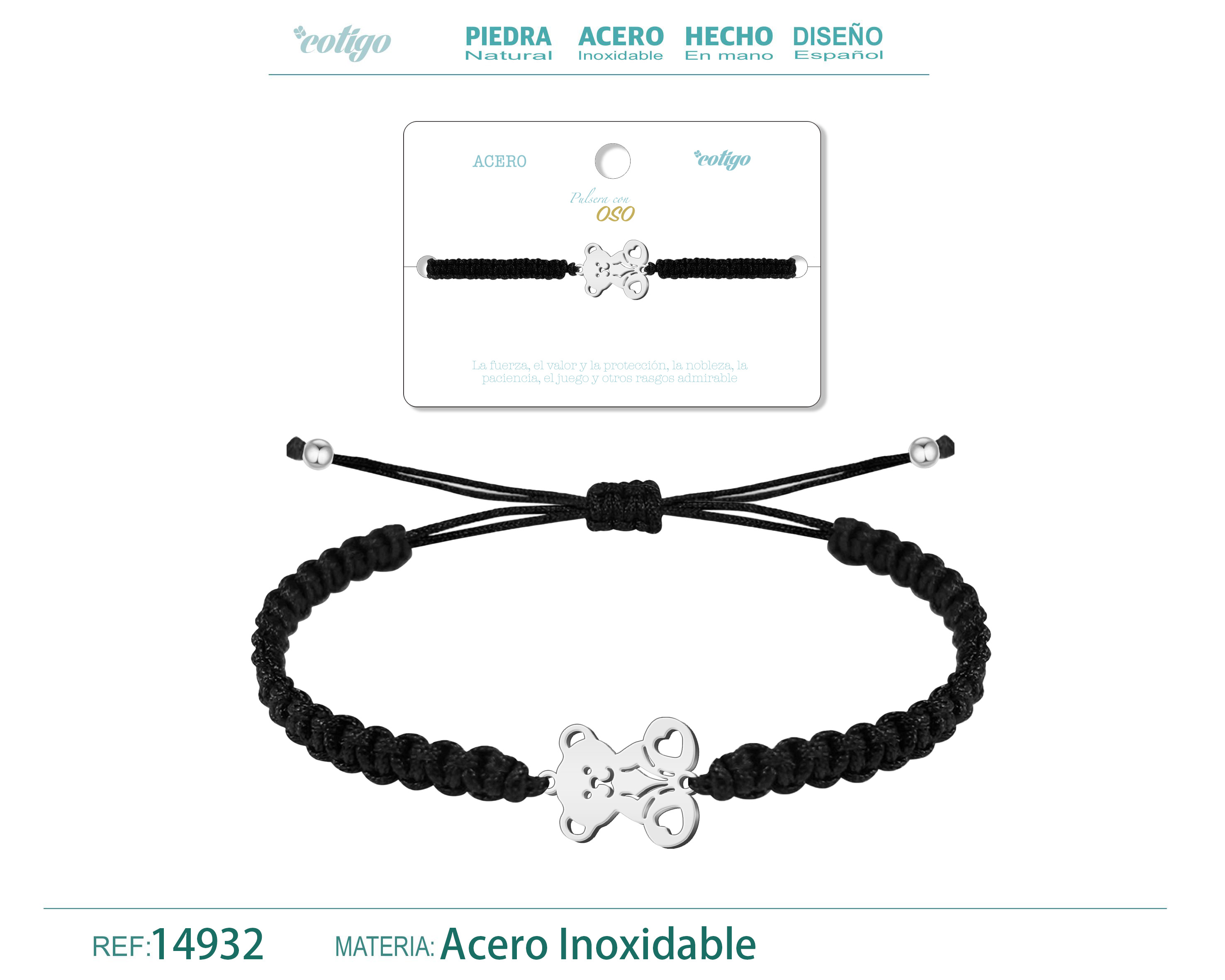Pulsera Hilo Destino con Oso Acero Plateado