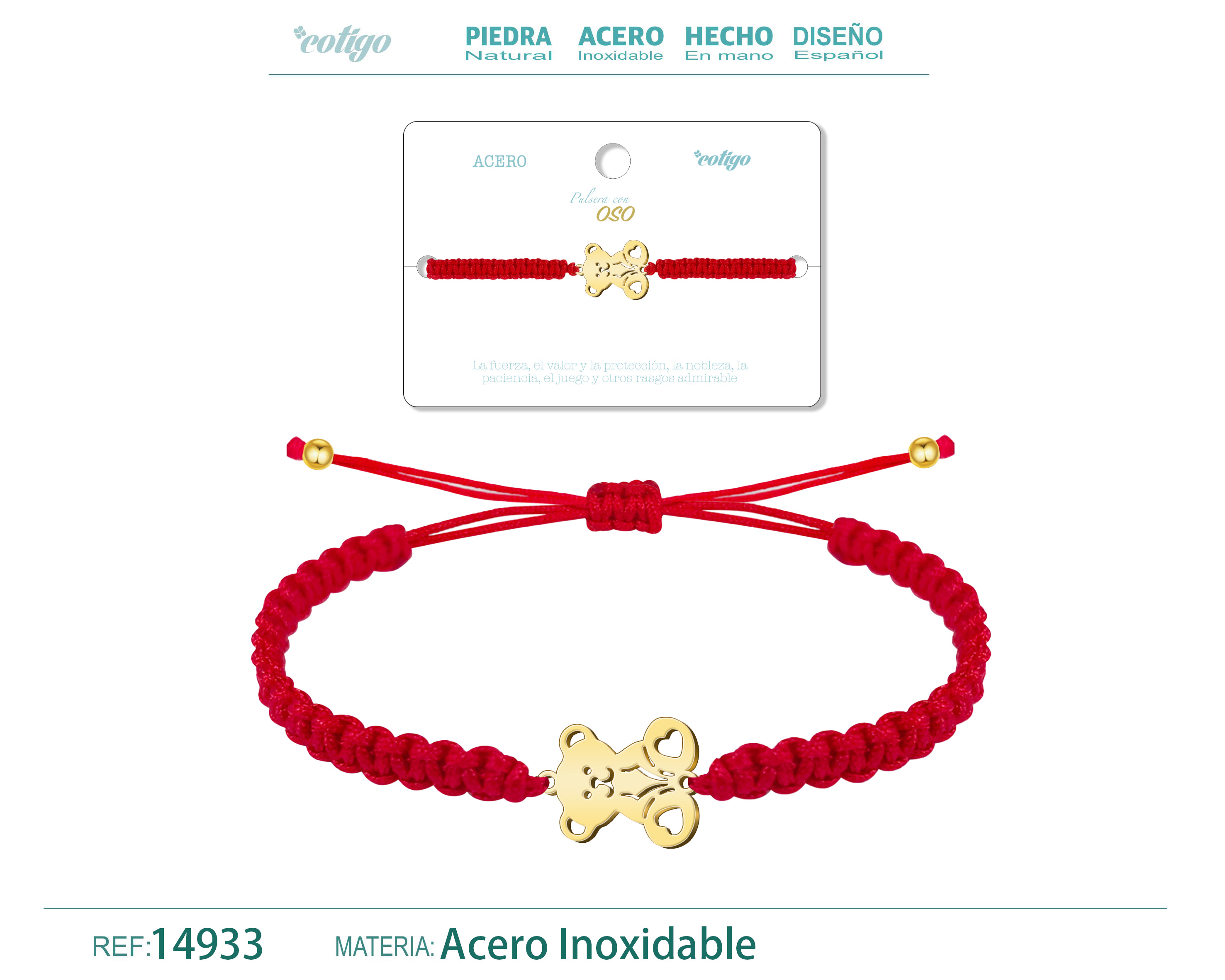 Pulsera Hilo Destino con Oso Acero Dorado