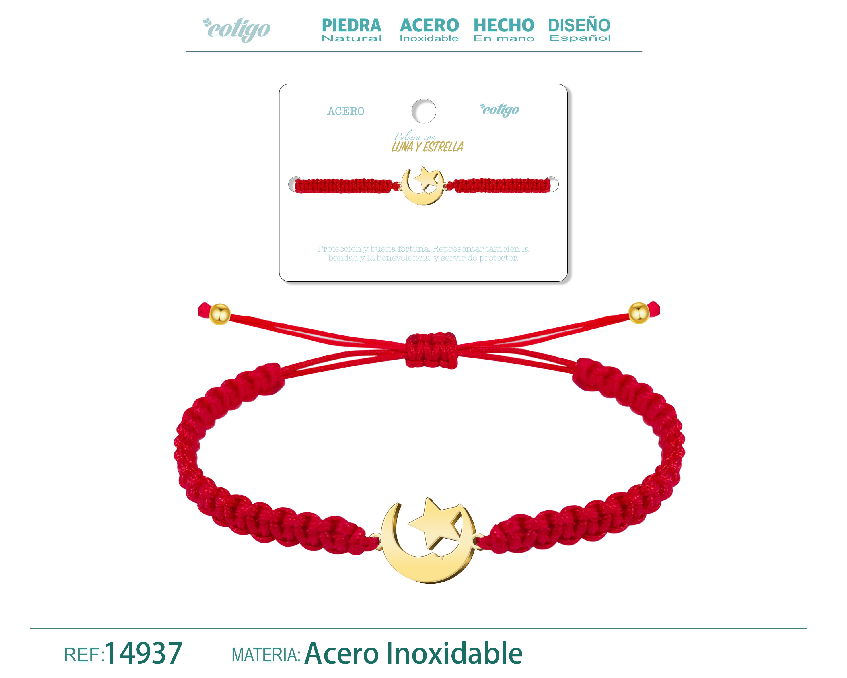 Pulsera Hilo Destino con Luna y Estrella Acero Dorado