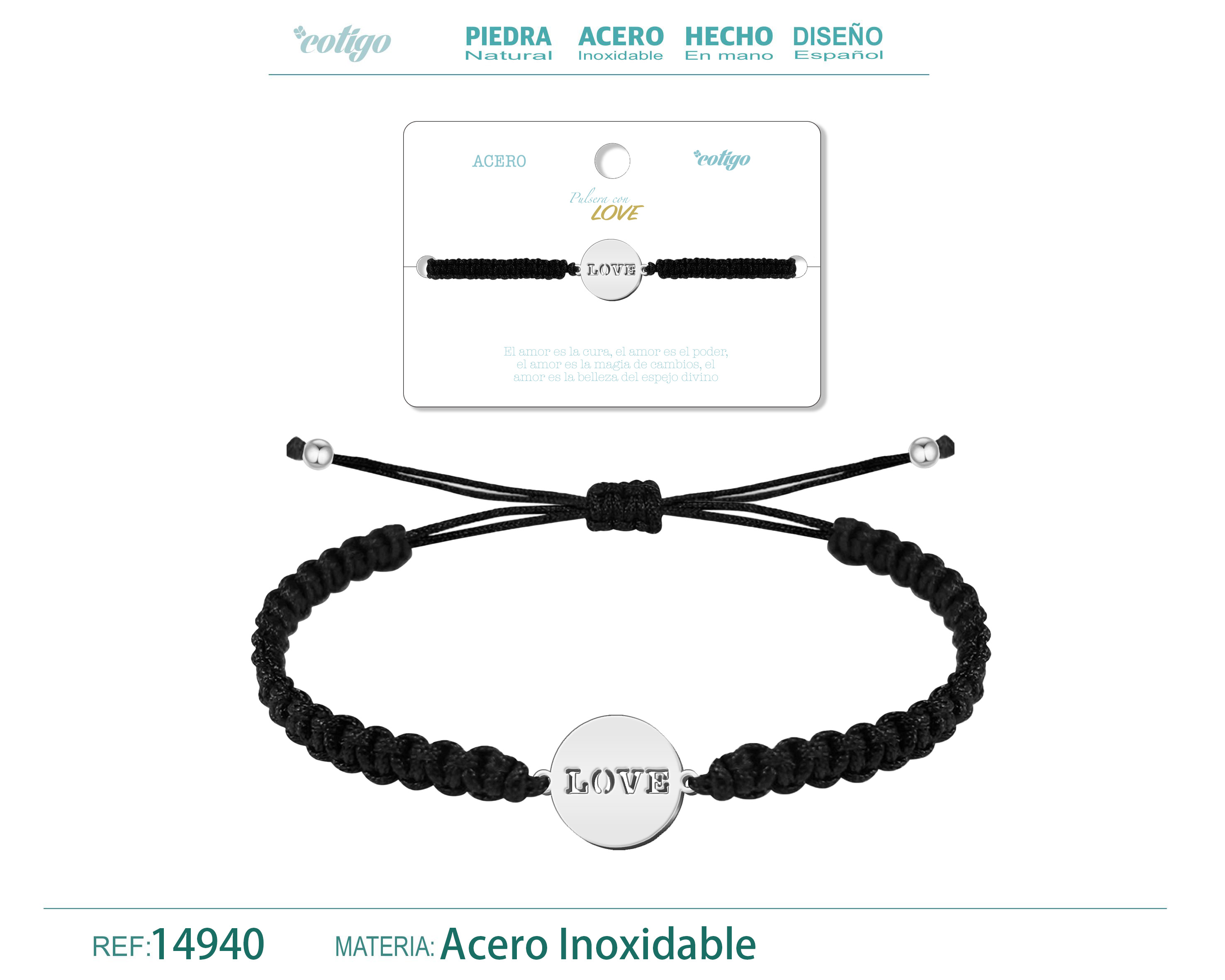 Pulsera Hilo Destino con Love Acero Plateado