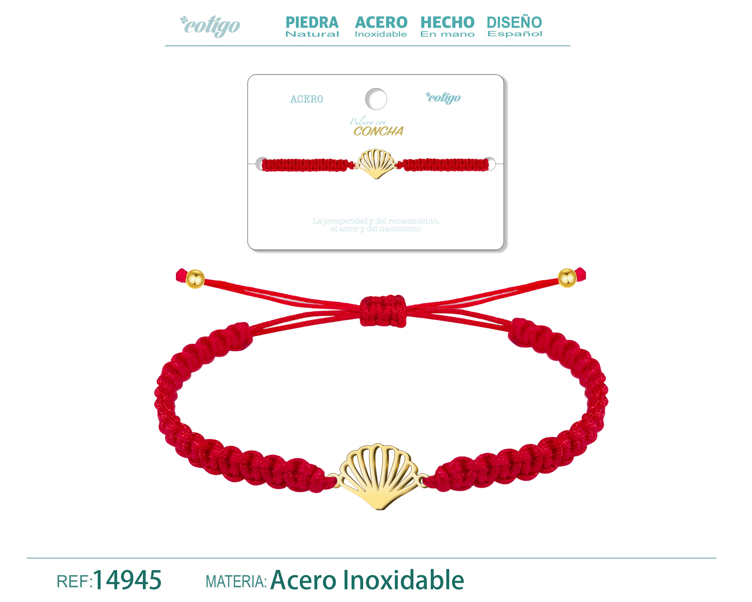Pulsera Hilo Destino con Concha Acero Dorado