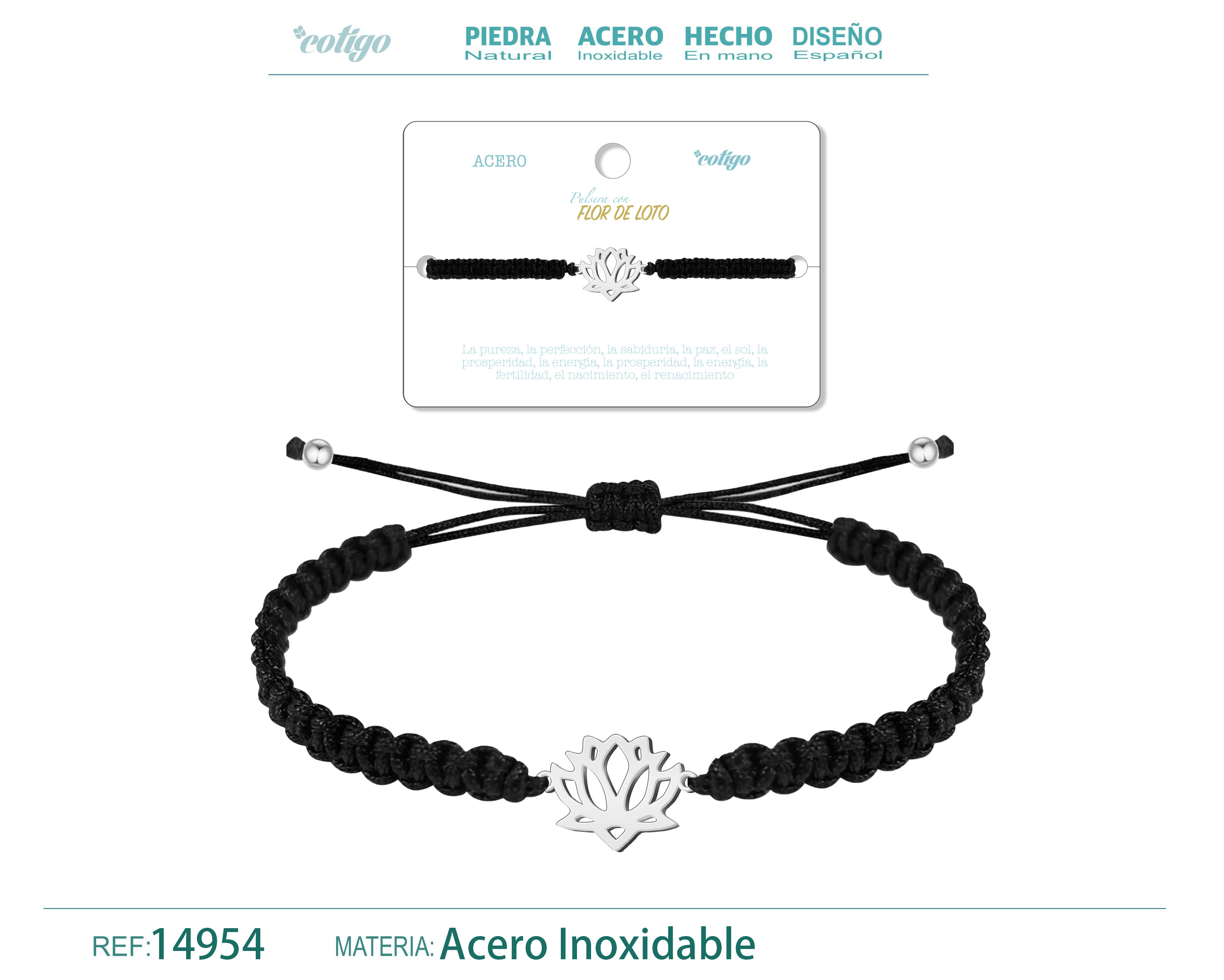 Pulsera Hilo Destino con Flor de Loto Acero Plateado