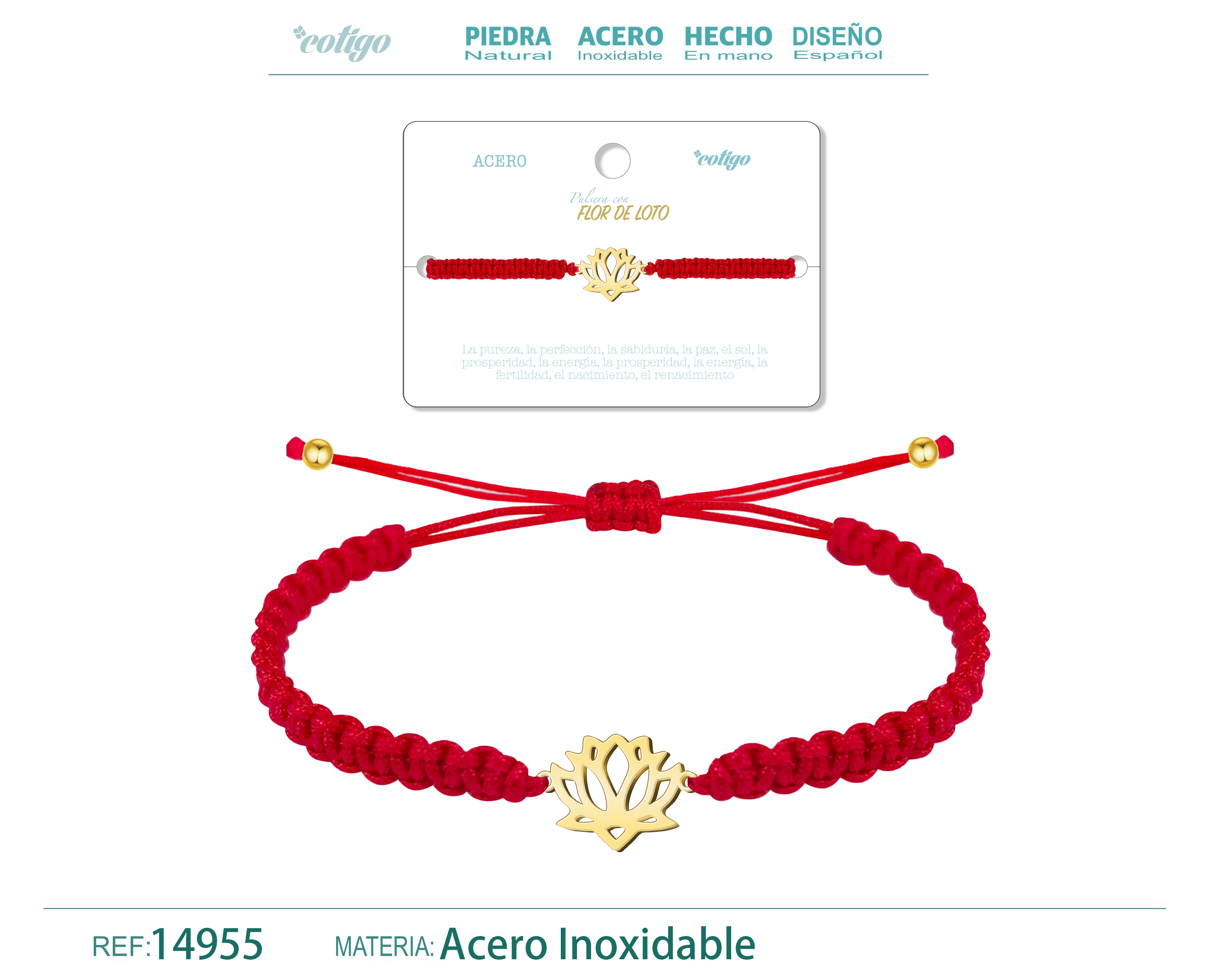 Pulsera Hilo Destino con Flor de Loto Acero Dorado