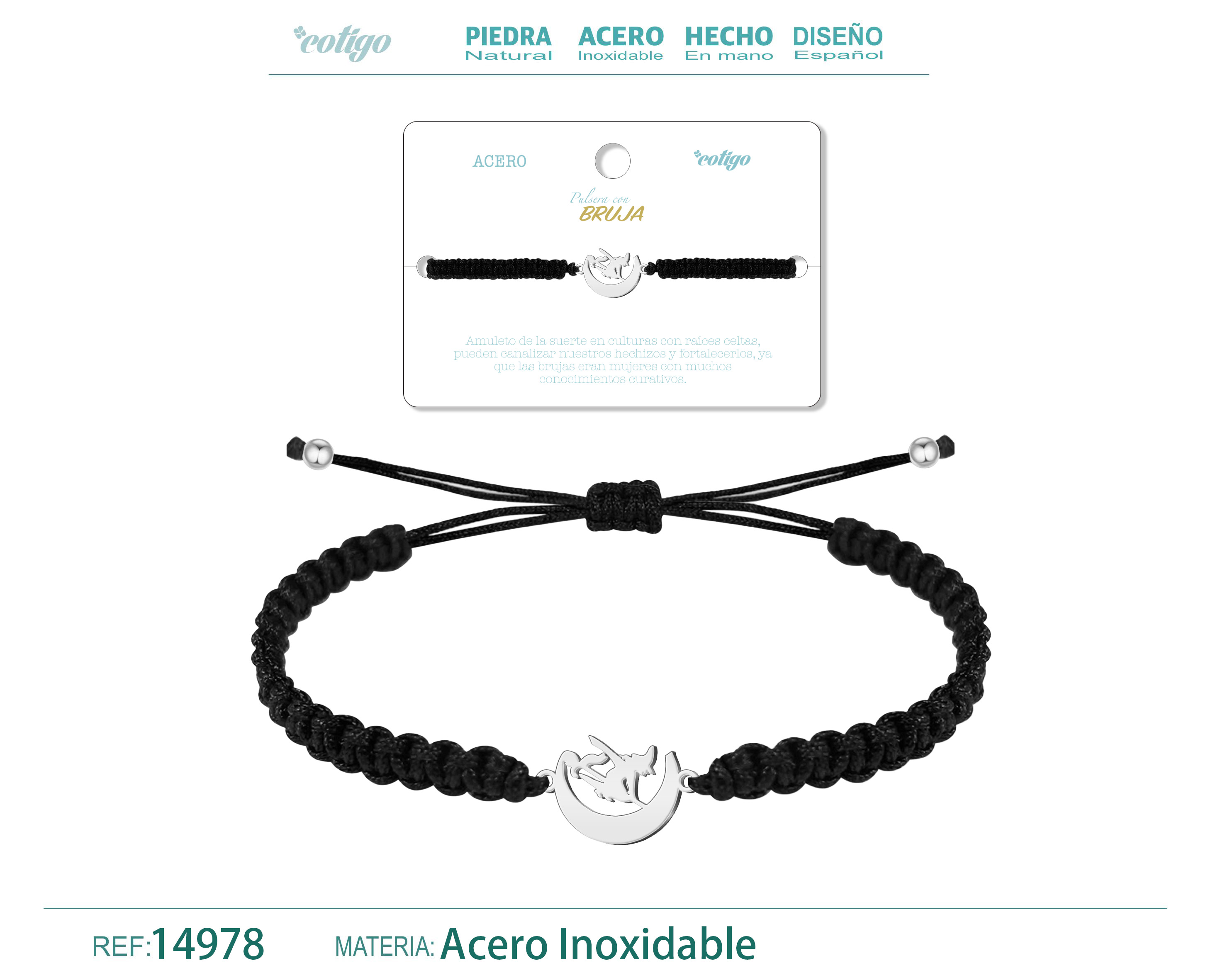 Pulsera Hilo Destino con Bruja Acero Plateado