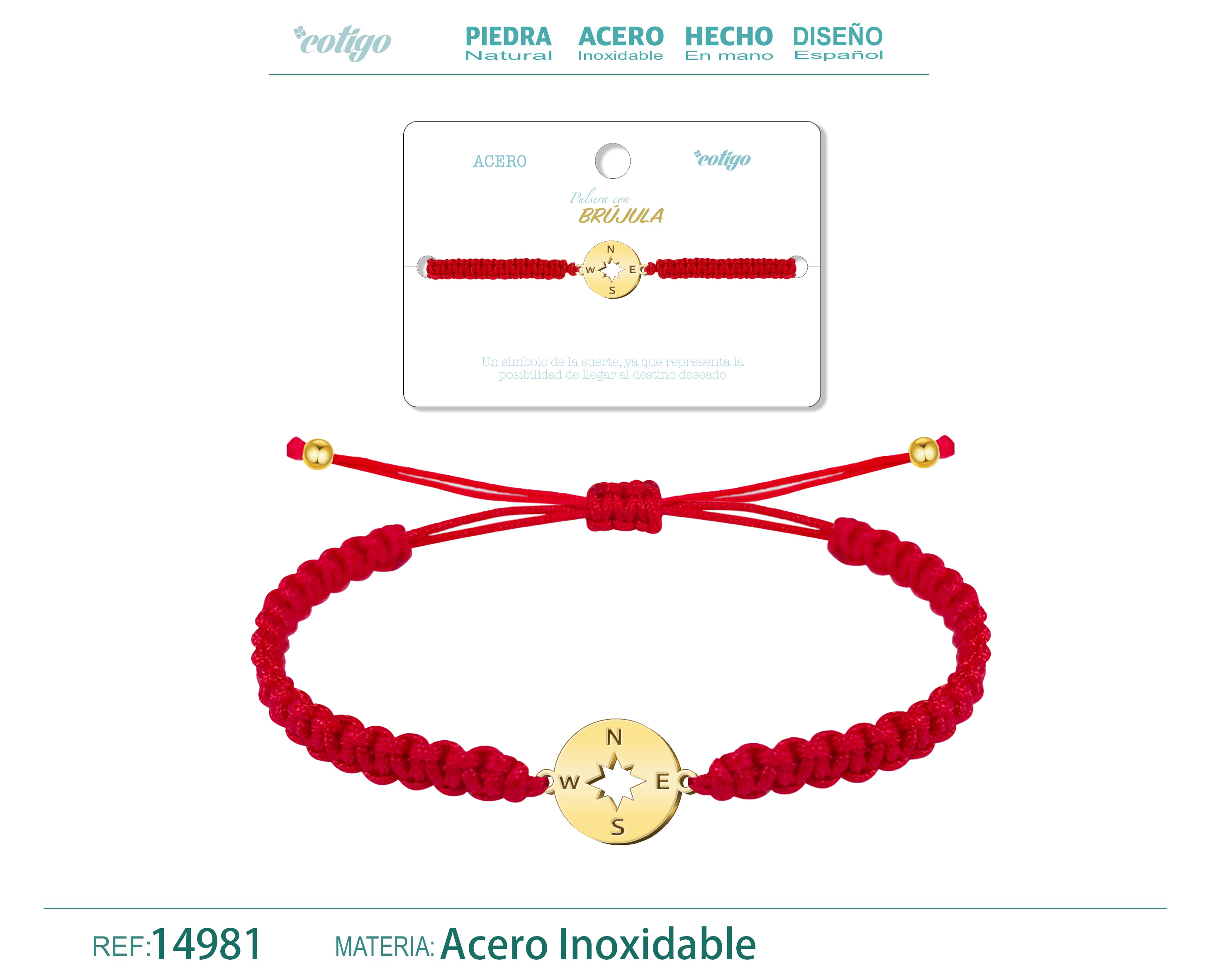 Pulsera Hilo Destino con Brújula Acero Dorado