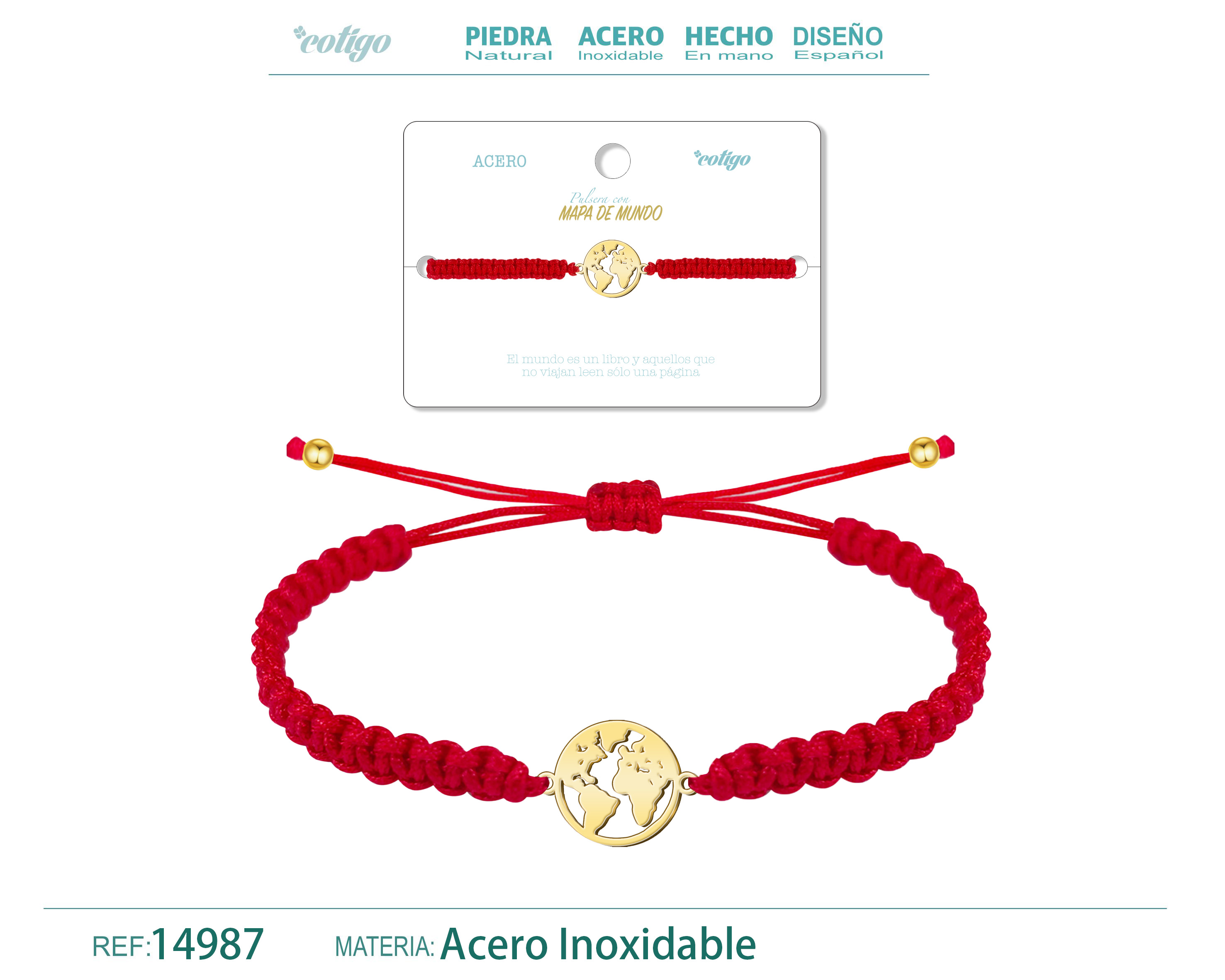 Pulsera Hilo Destino con Mapa de Mundo Acero Dorado
