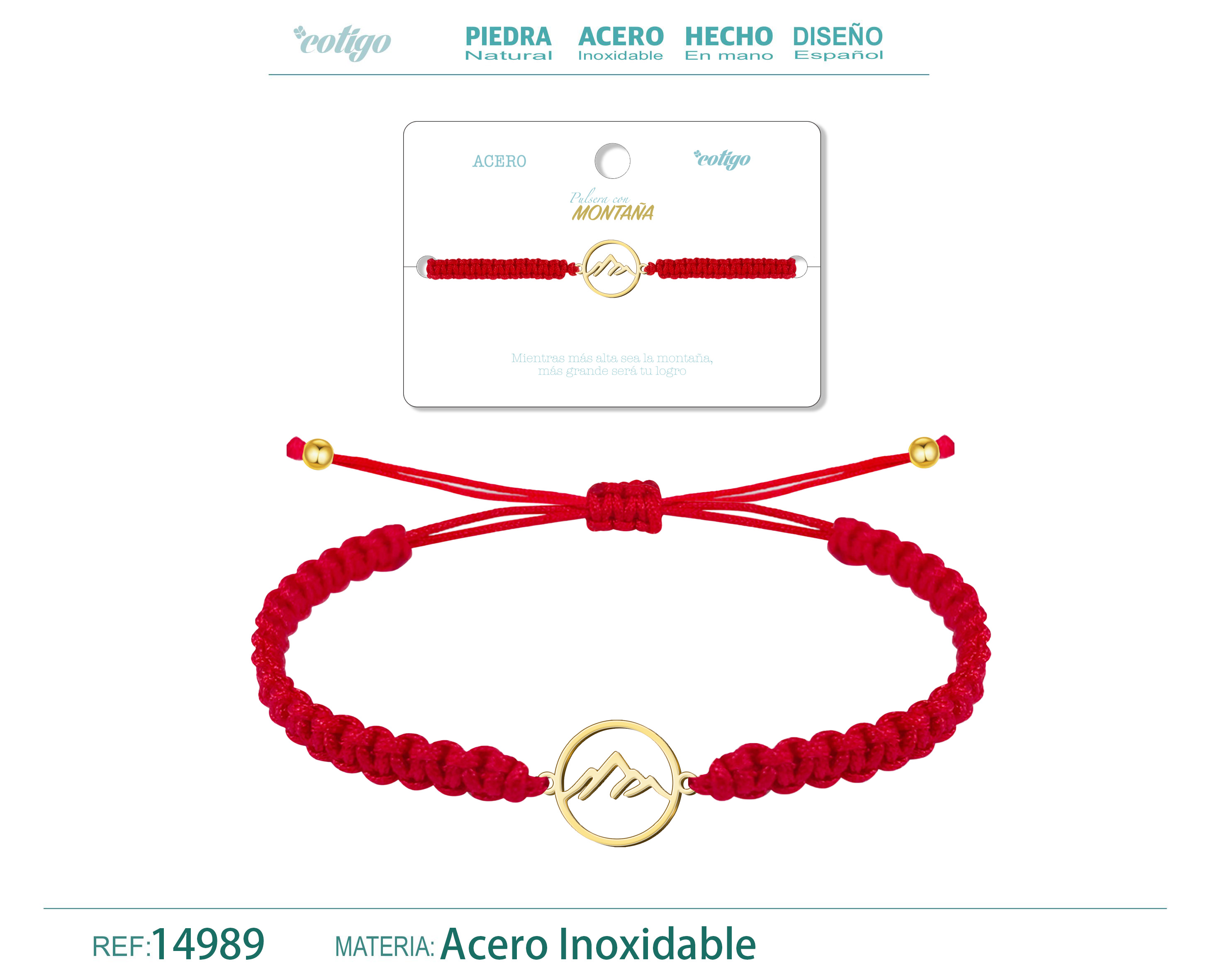 Pulsera Hilo Destino con Montaña Acero Dorado
