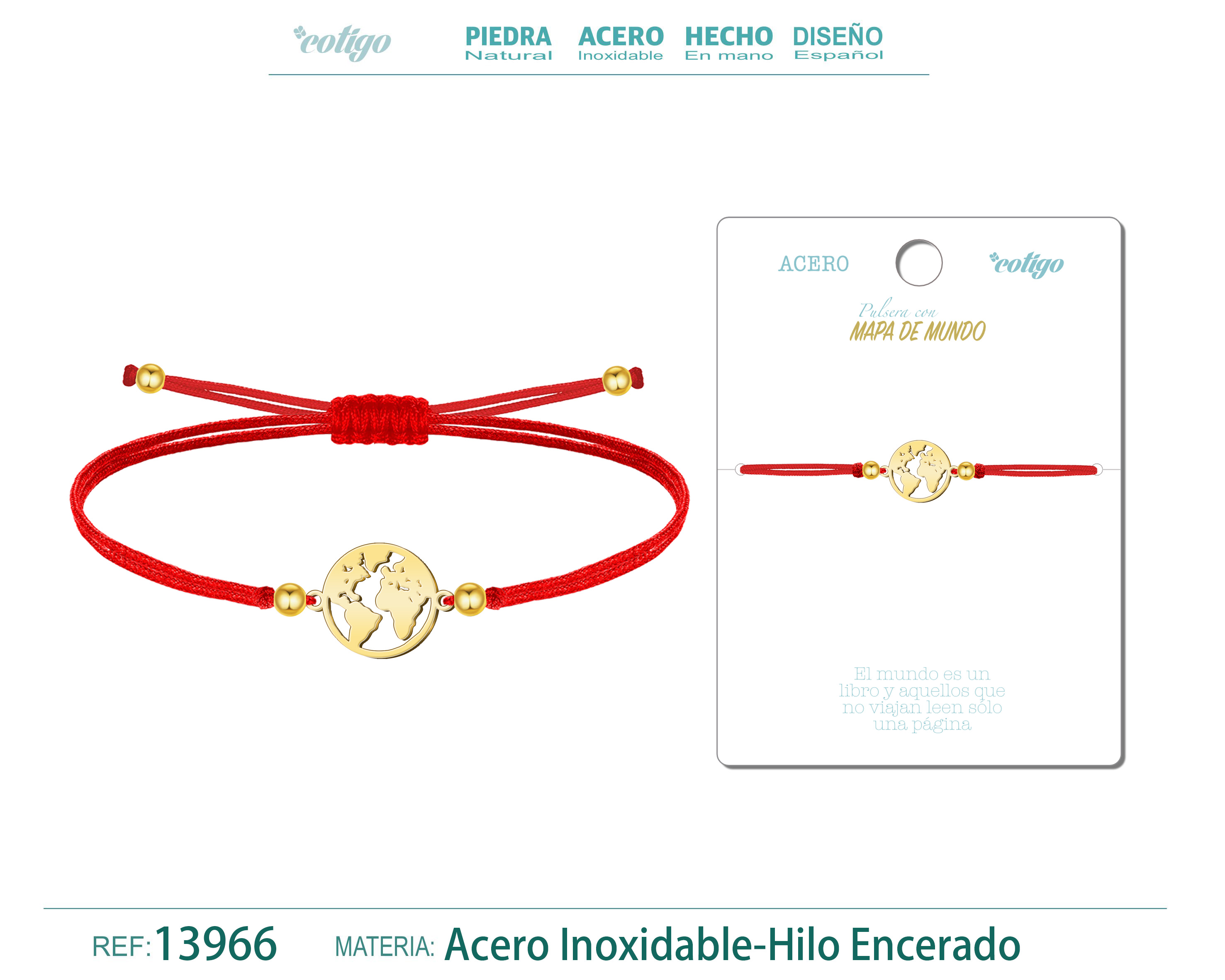 Pulsera Mapa de Mundo Dorado de Hilo En.Rojo