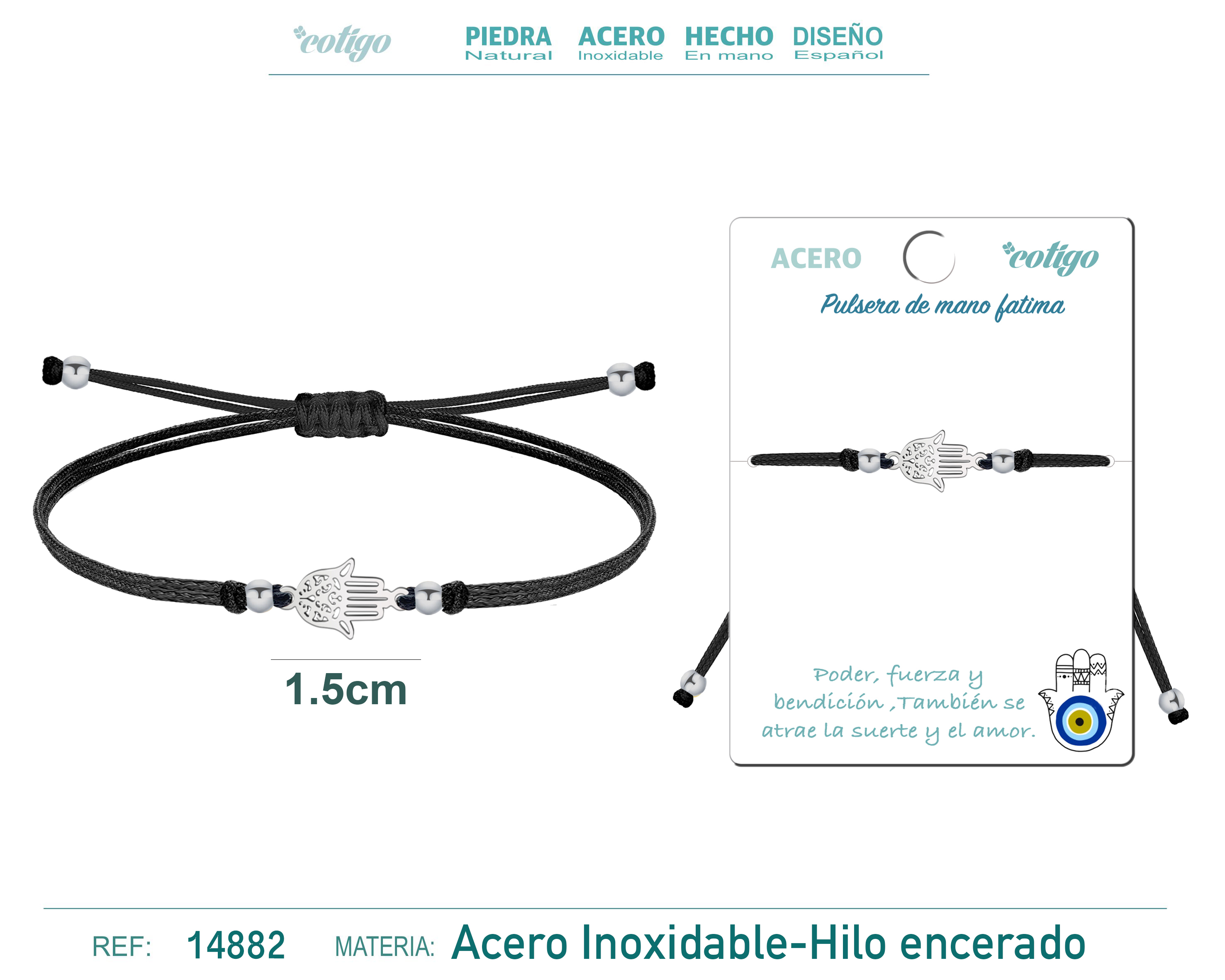 Pulsera Hilo Encerado Negra conMano de Fatima Acero Plateado