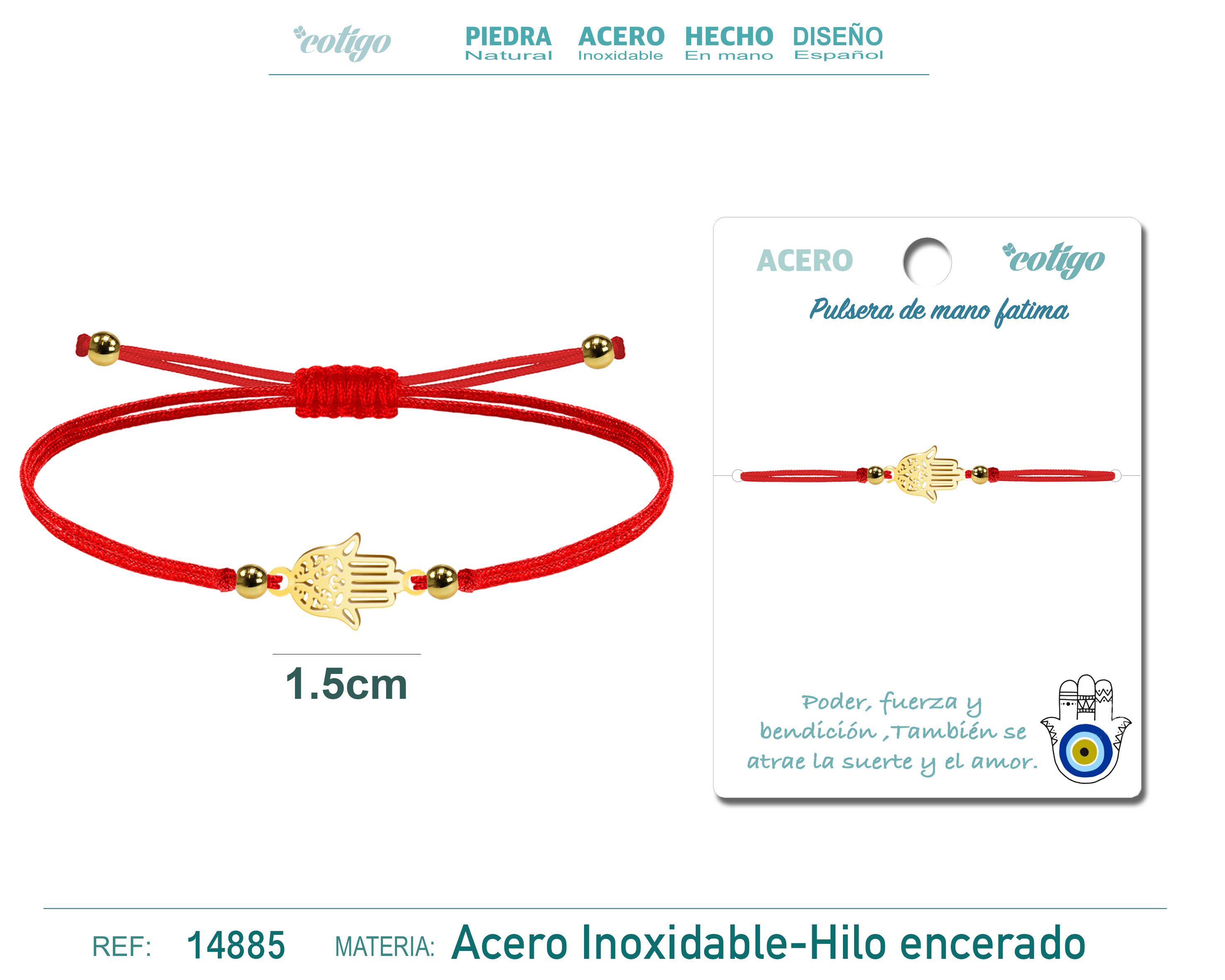 Pulsera Hilo Encerado Rojo con Mano de Fatima Acero Dorado