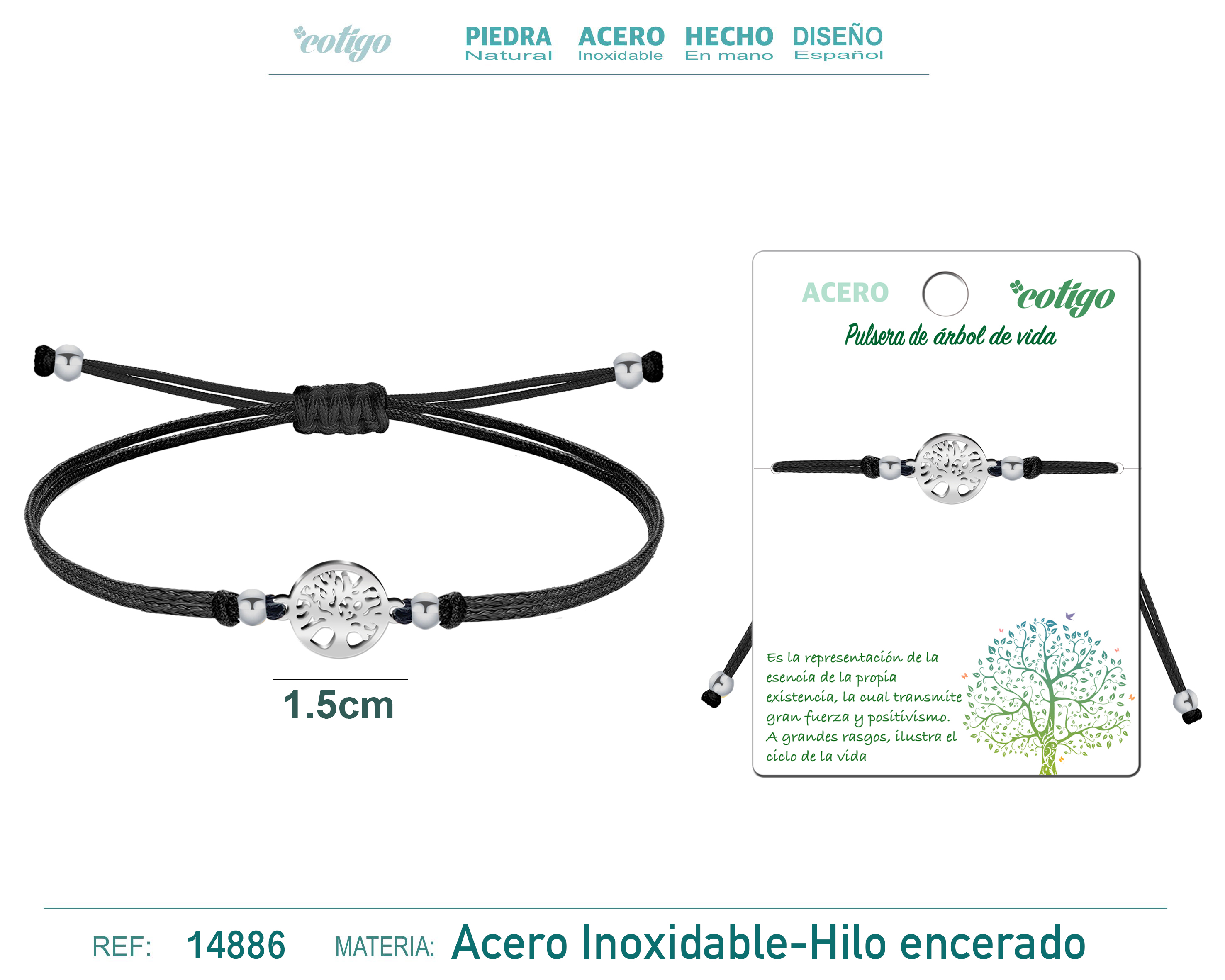 Pulsera Hilo Encerado Negra con Arbol de la Vida Acero Plateado