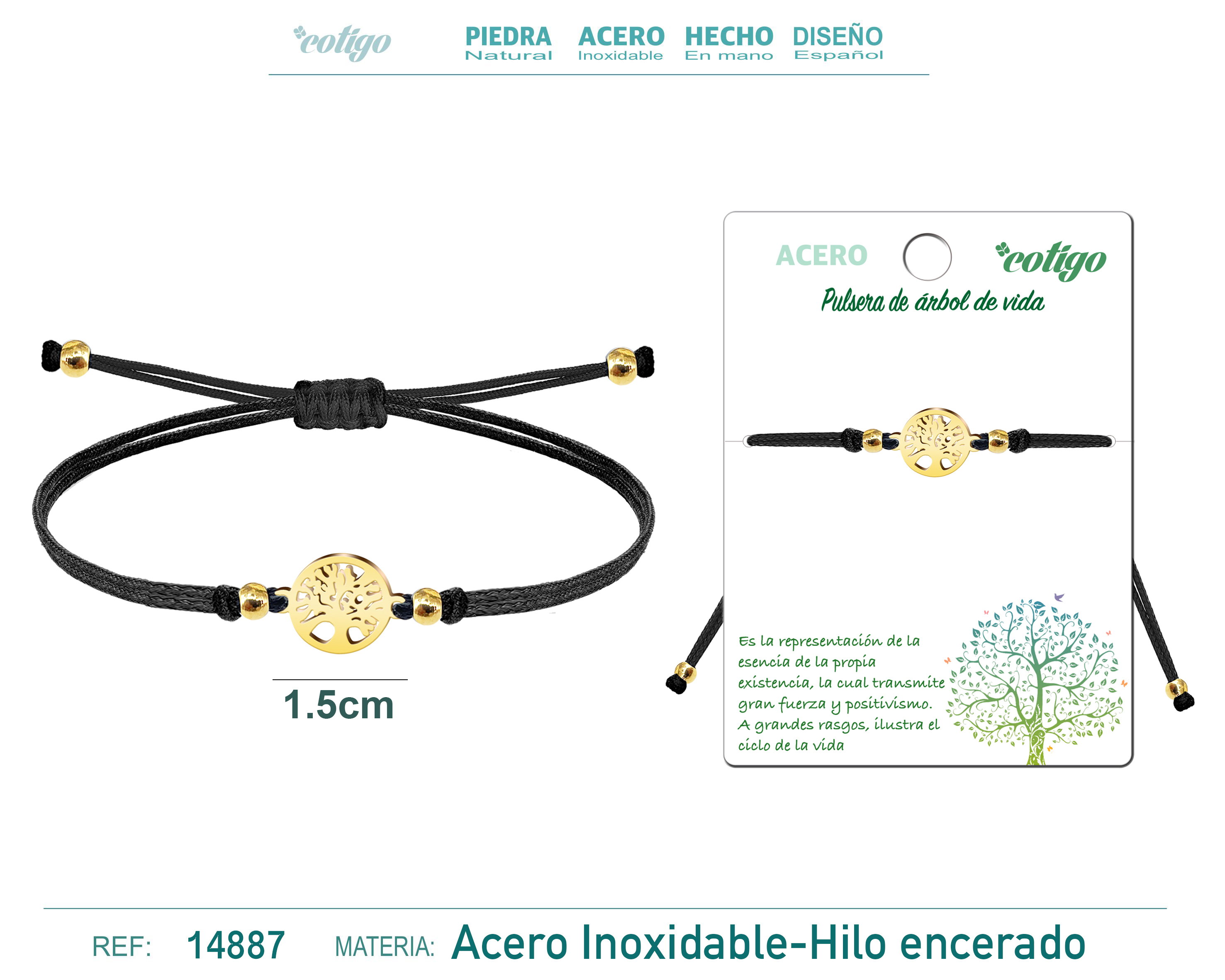 Pulsera Hilo encerado Negro-Arbol de Vida Dorado