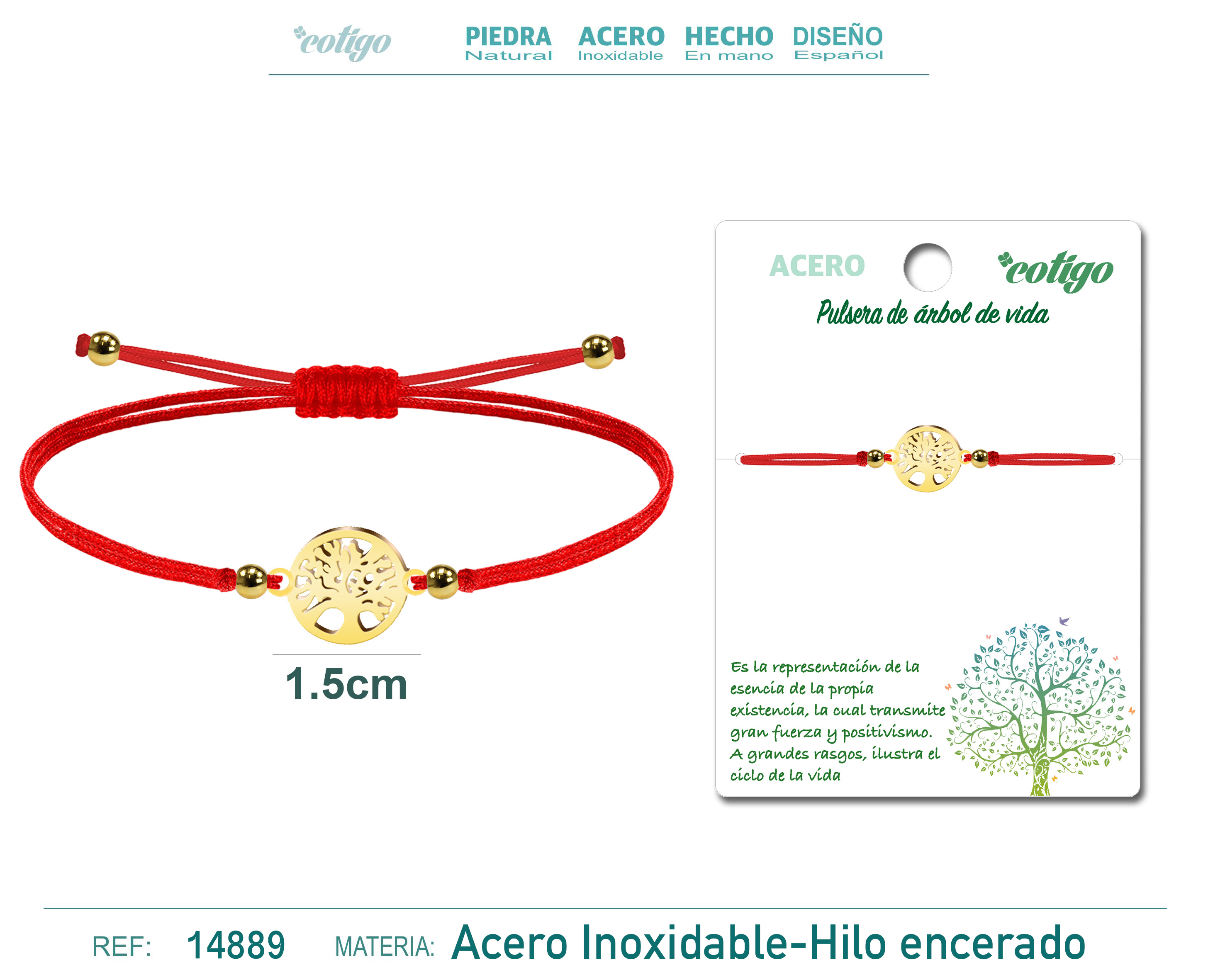 Pulsera Hilo Encerado Rojo con Arbol de la Vida Acero Dorado