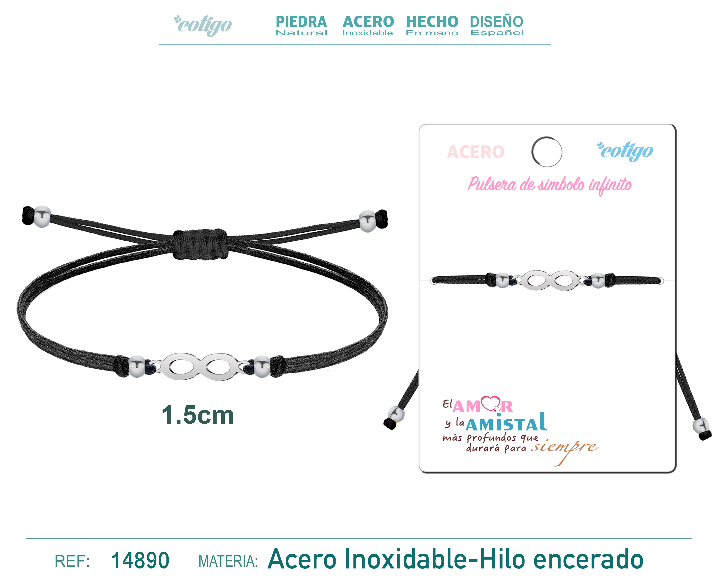 Pulsera Hilo Encerado Negra con Simbolo Infinito Acero Plateado