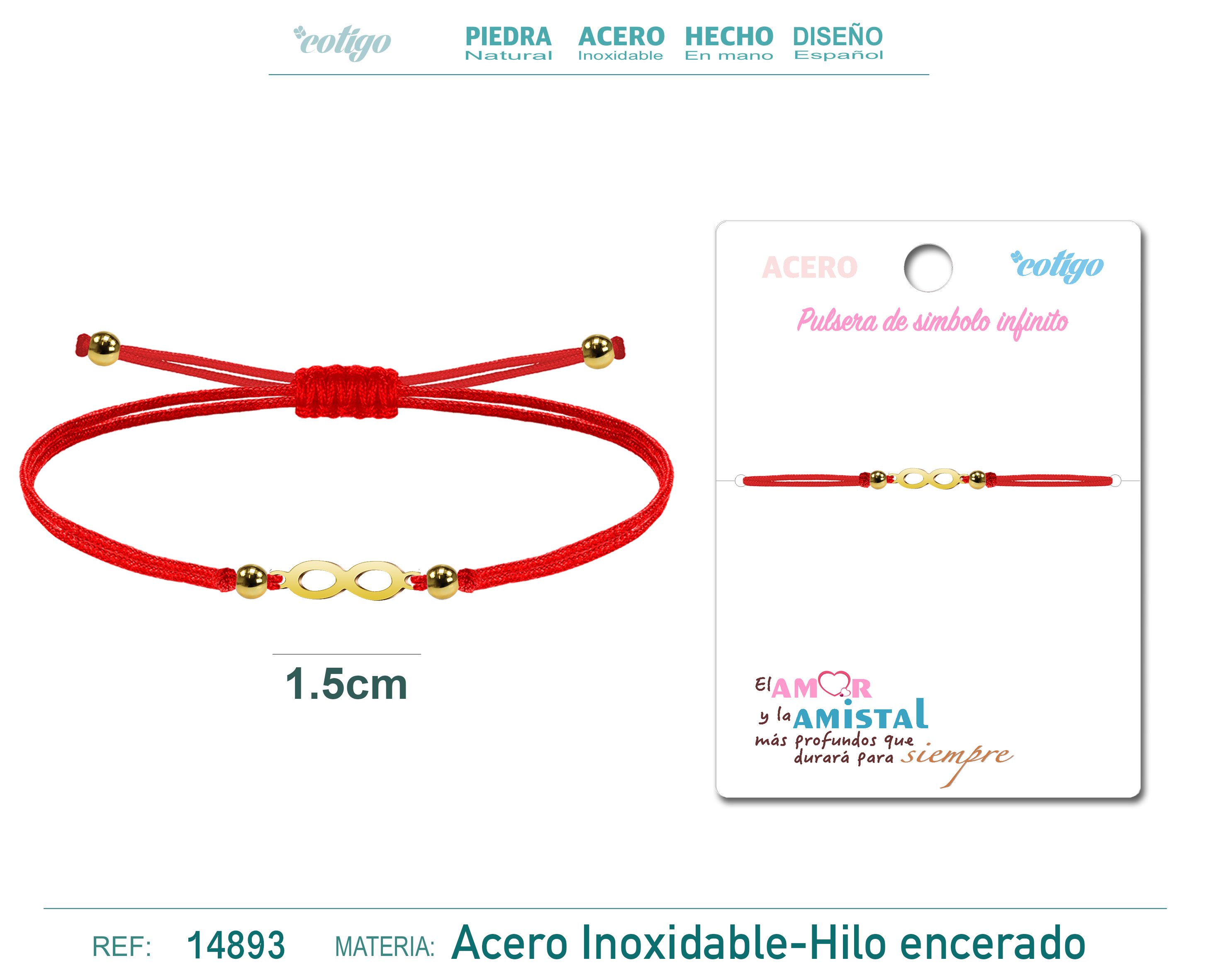 Pulsera Hilo Encerado Rojo con Simbolo Infinito Acero Dorado
