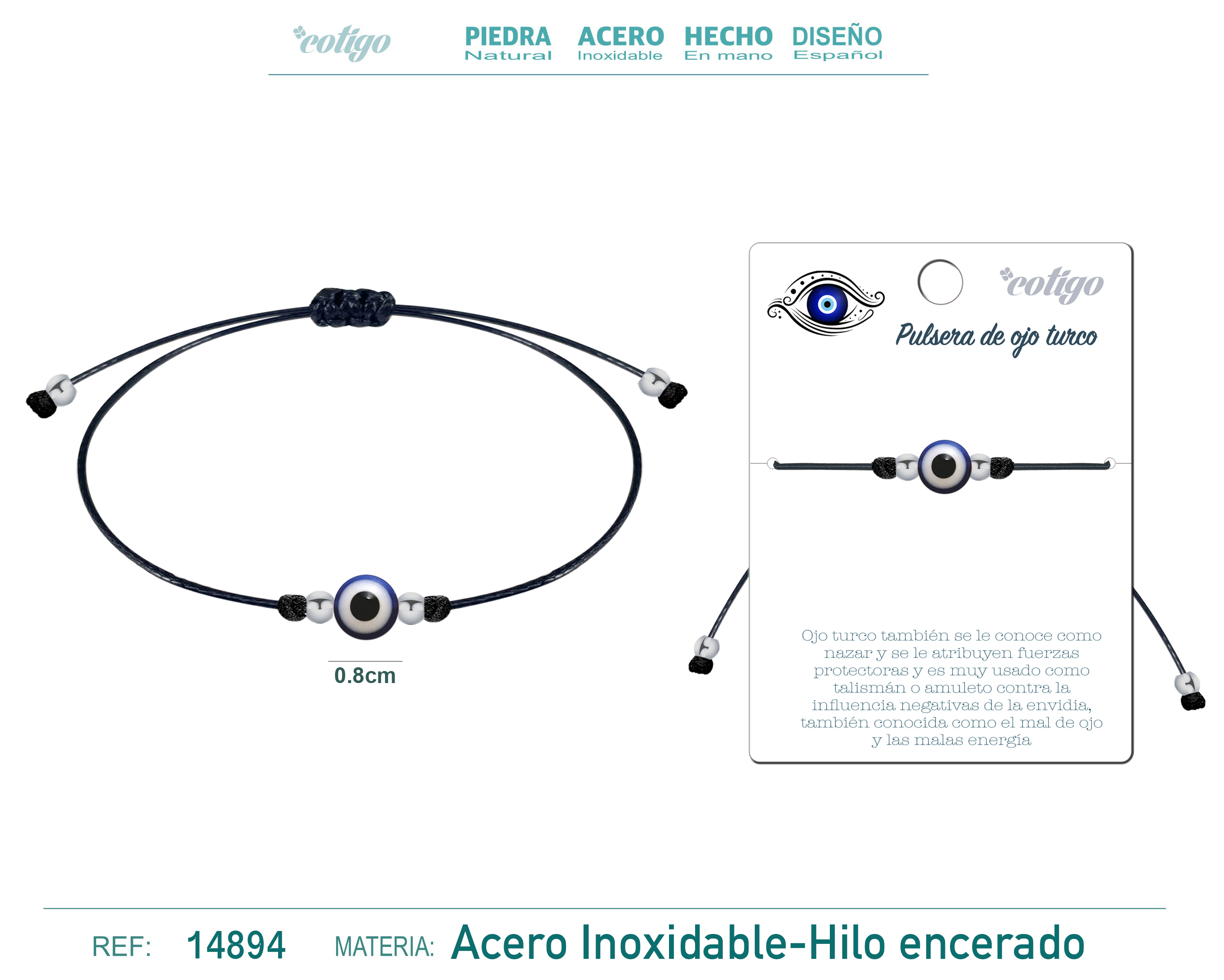 Pulsera Hilo Encerado Negra con Ojo Turco Acero Plateado