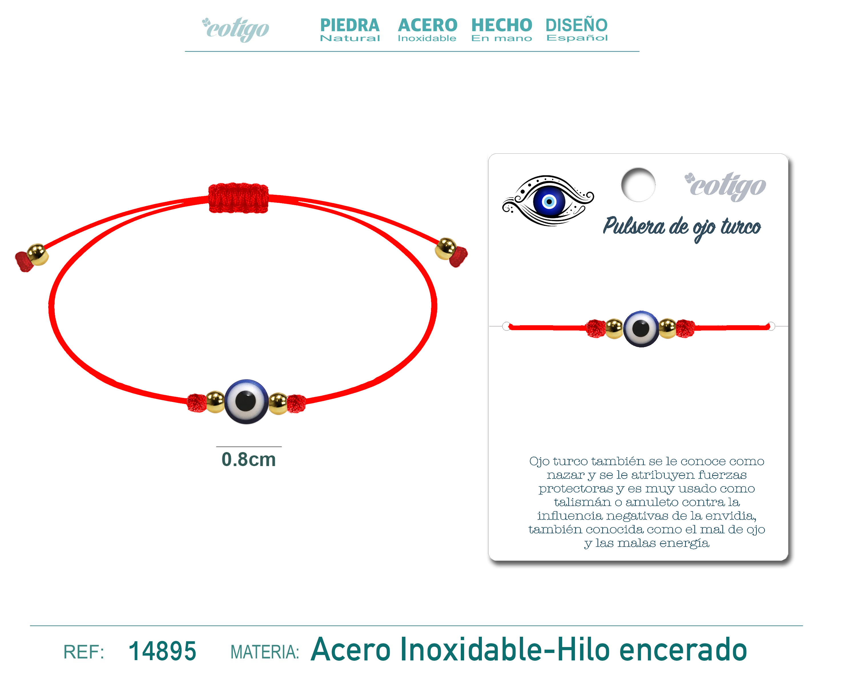 Pulsera Hilo Encerado Rojo con Ojo Turco Acero Dorado