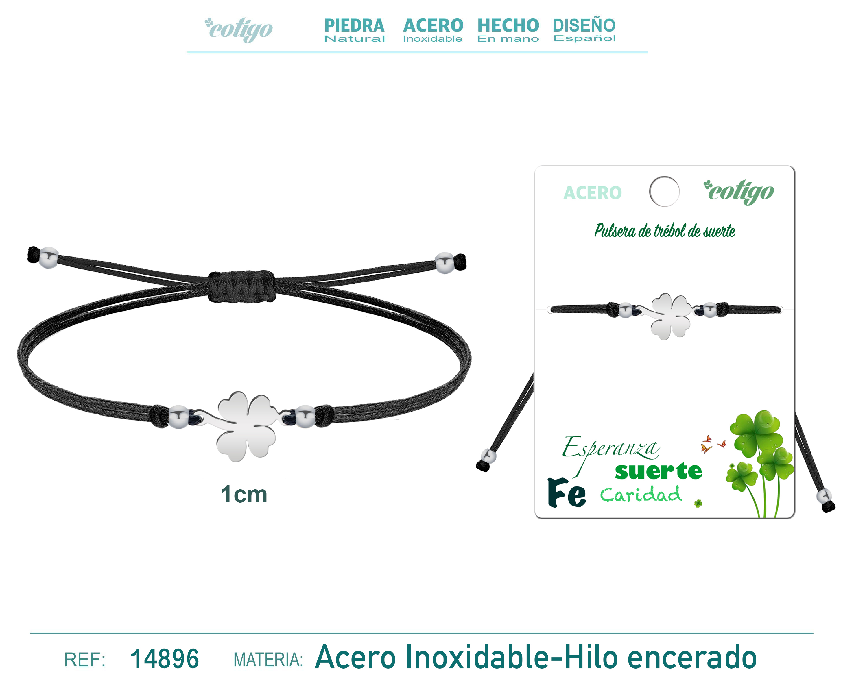 Pulsera Hilo Encerado Negra con Trébol de la Suerte Acero Plateado