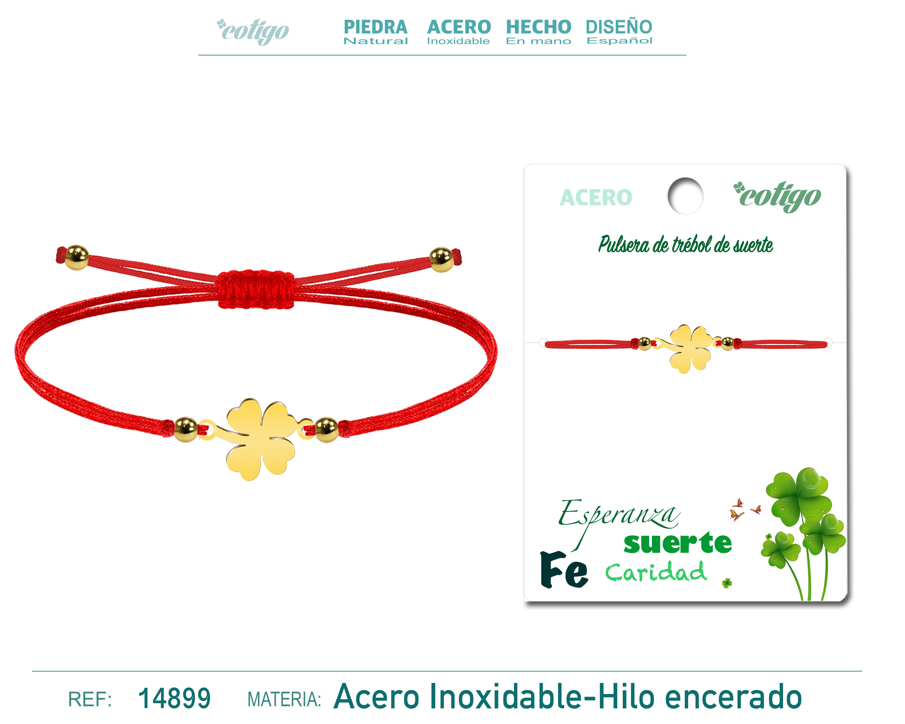 Pulsera Hilo Encerado Rojo con Trébol de la Suerte Acero Dorado