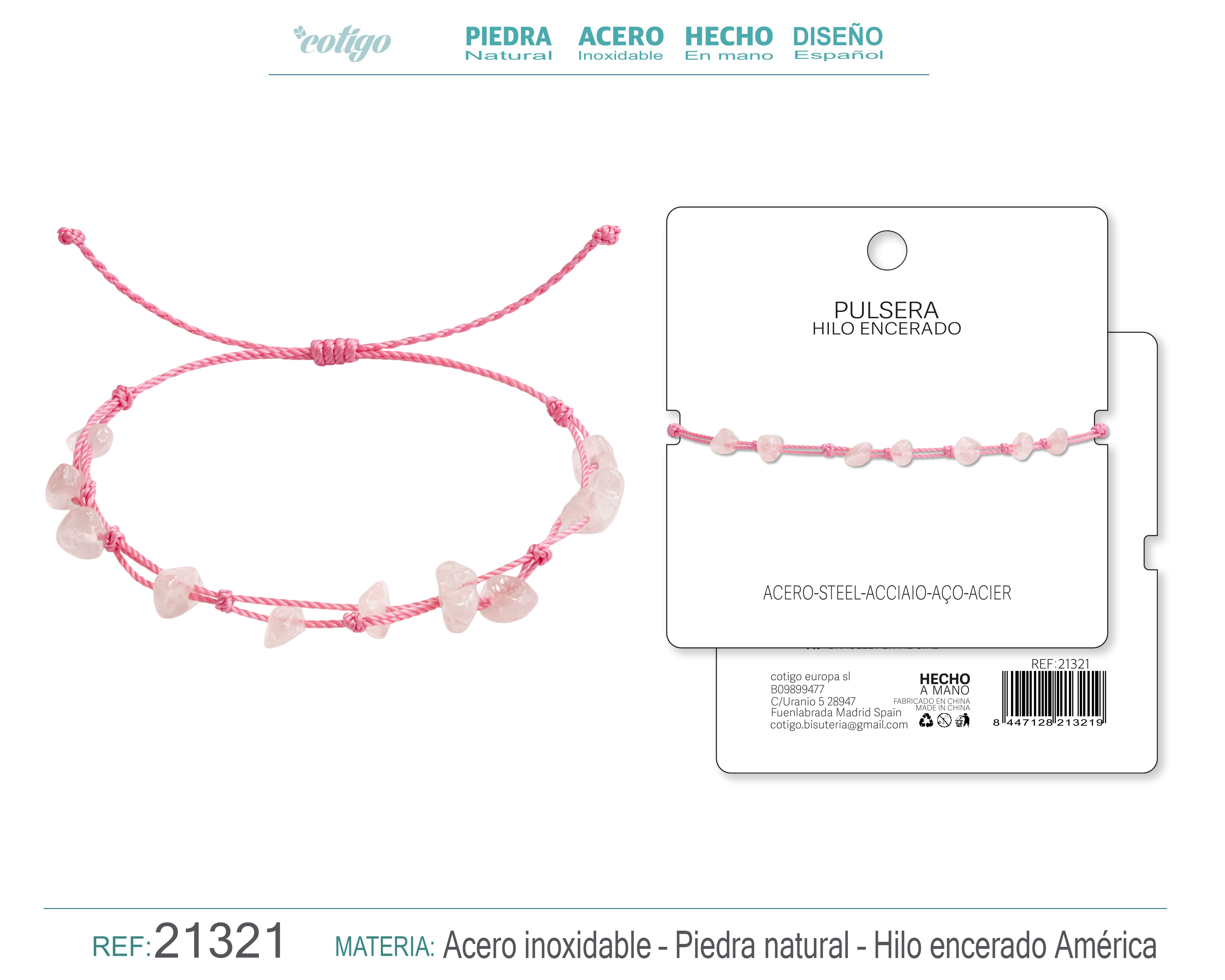 PULSERA HILO ENCERADO CON CUARZO ROSA