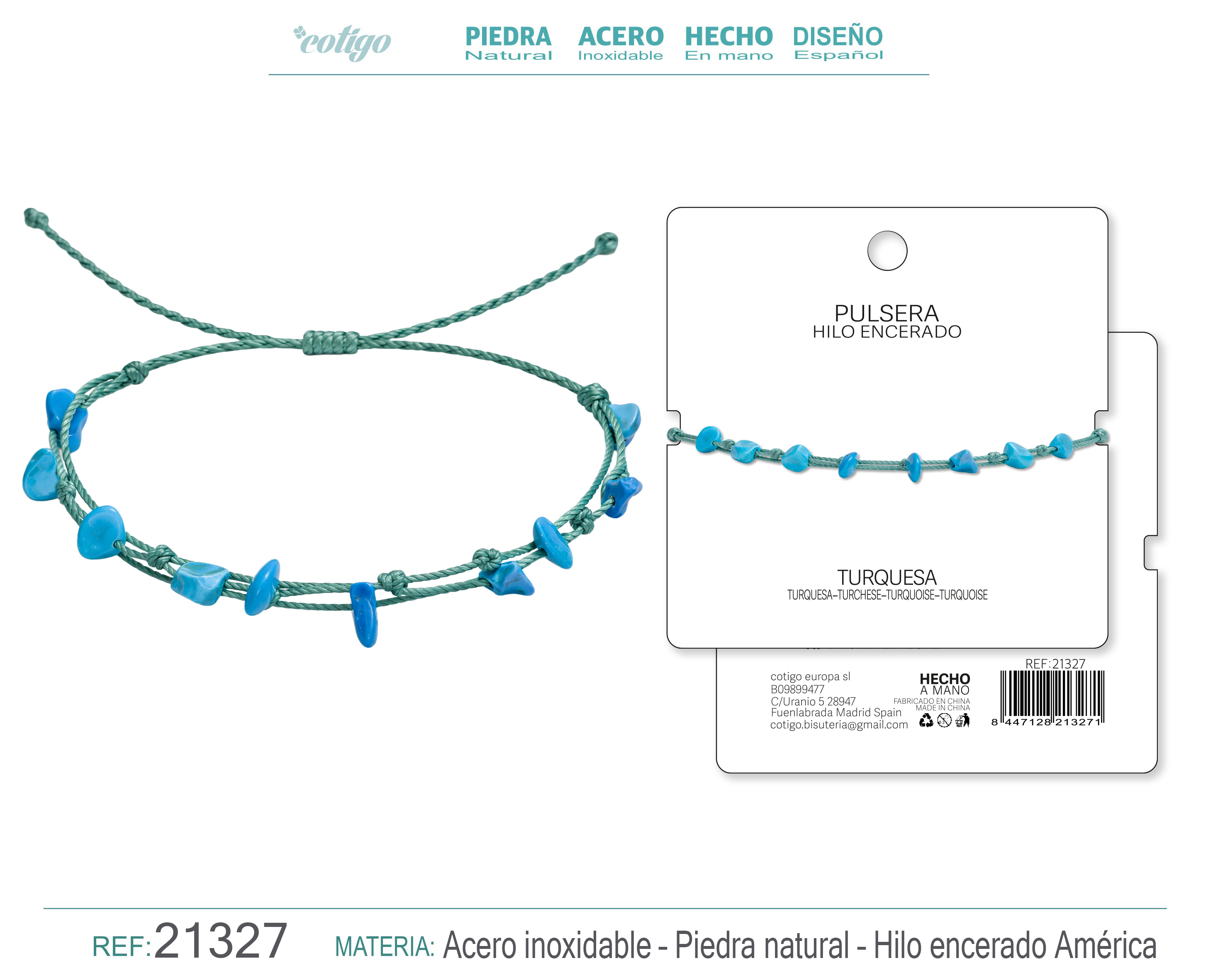 PULSERA HILO ENCERADO CON TURQUESA