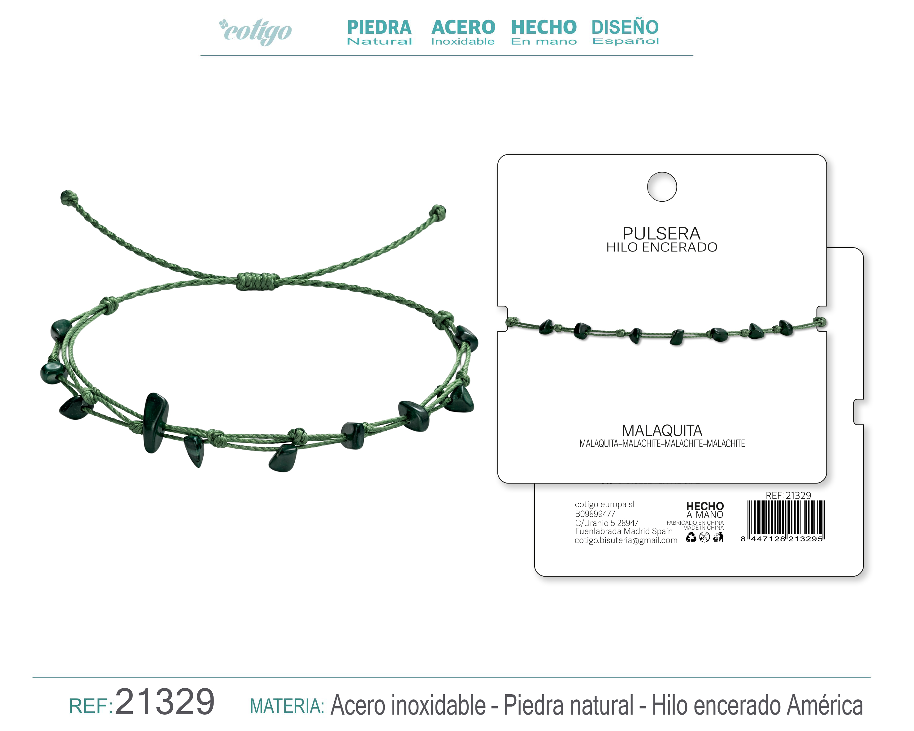 PULSERA HILO ENCERADO CON MALAQUITA