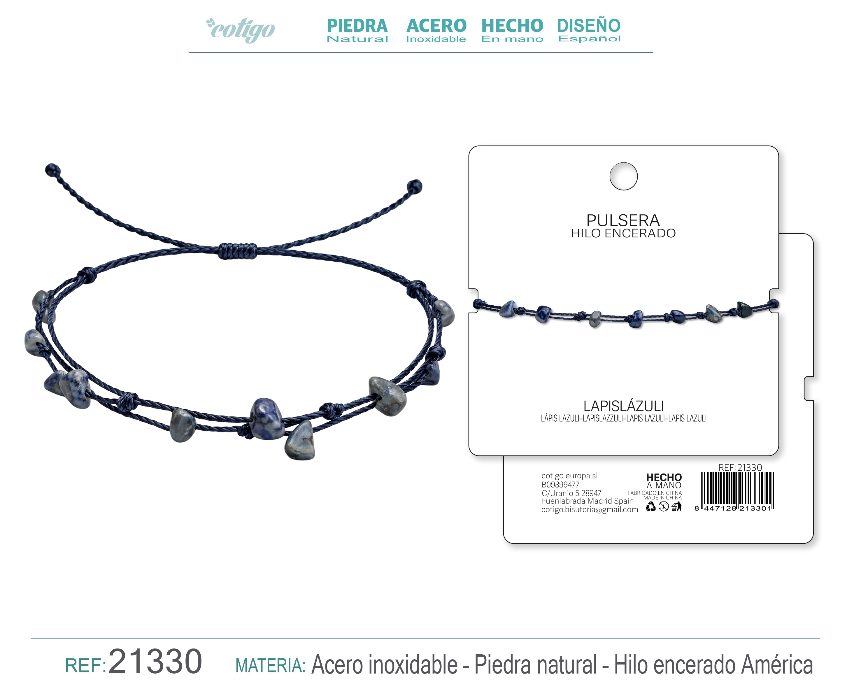 PULSERA HILO ENCERADO CON LAPIZRAZURI