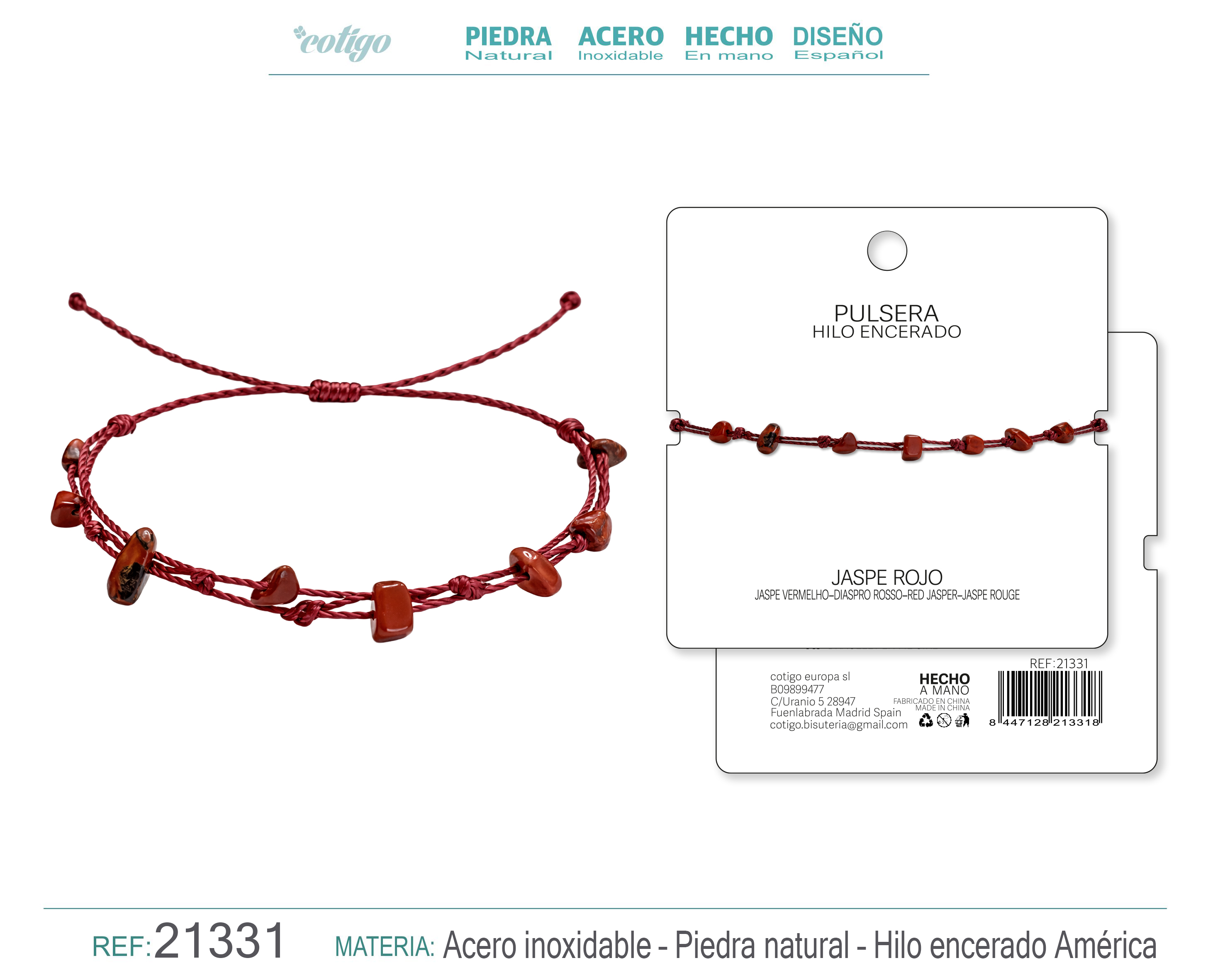 PULSERA HILO ENCERADO CON JASPE ROO