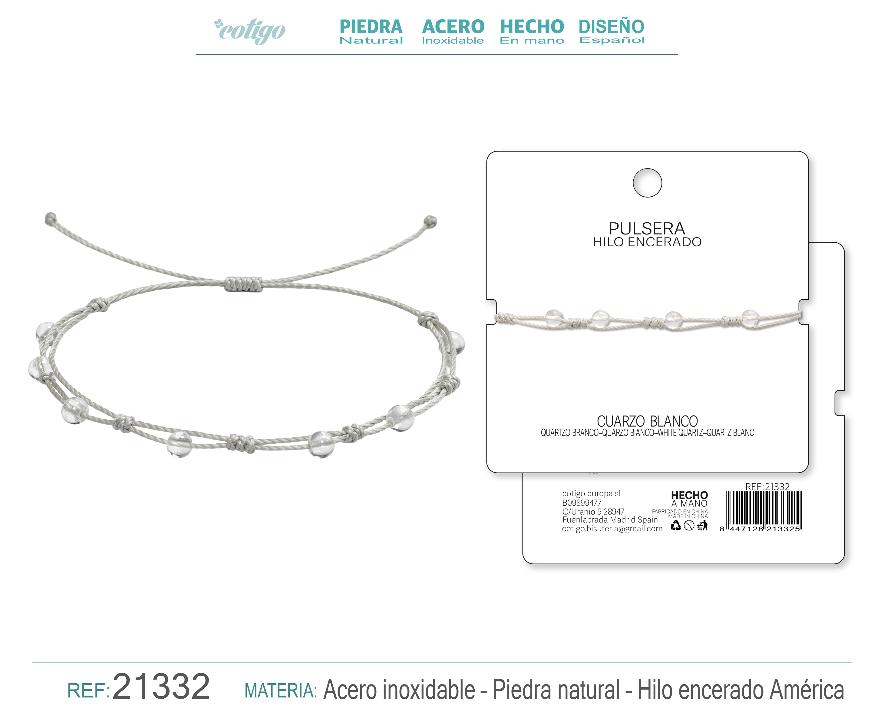 PULSERA HILO ENCERADO CON CUARZO BLANCO