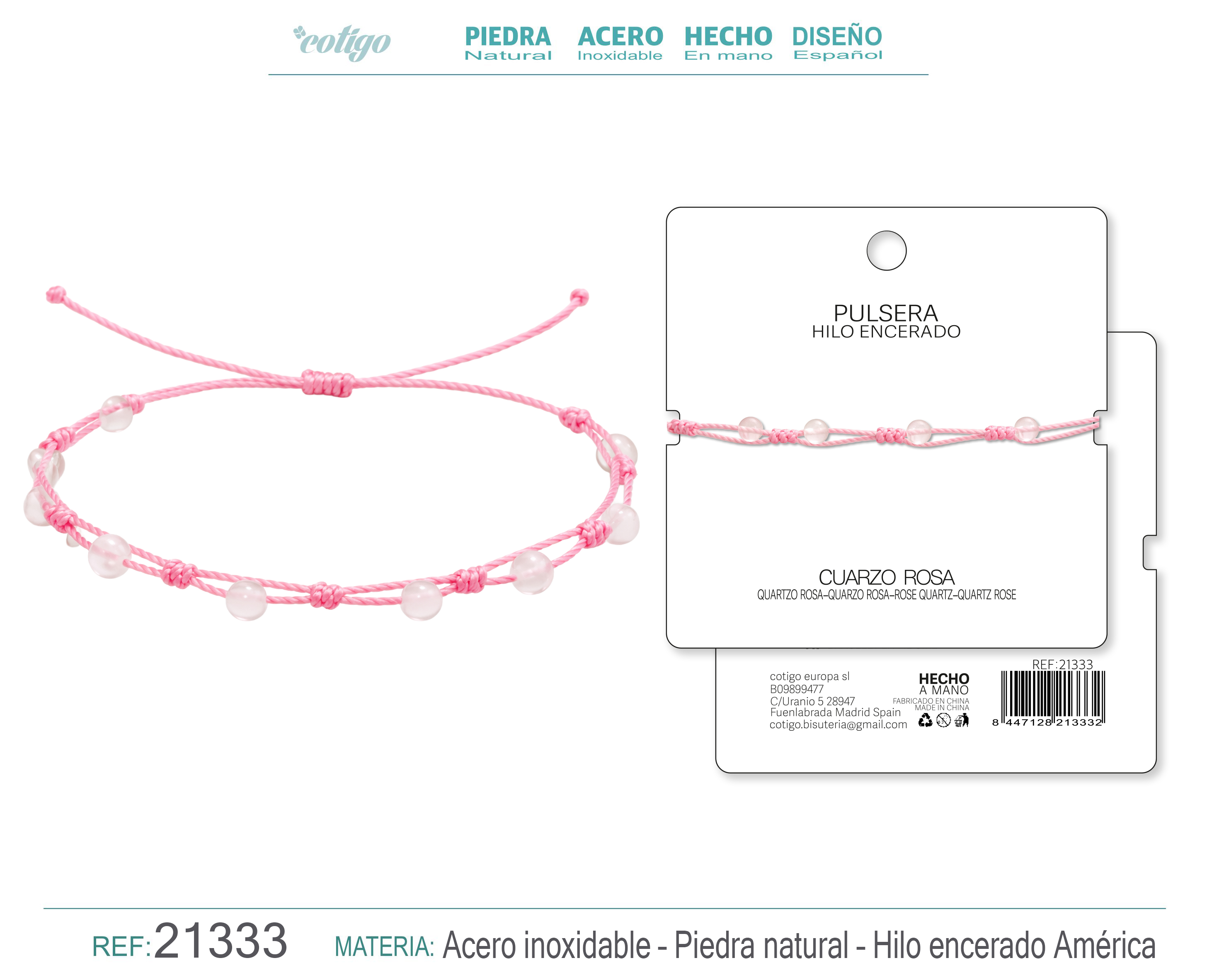 PULSERA HILO ENCERADO CON CUARZO ROSA