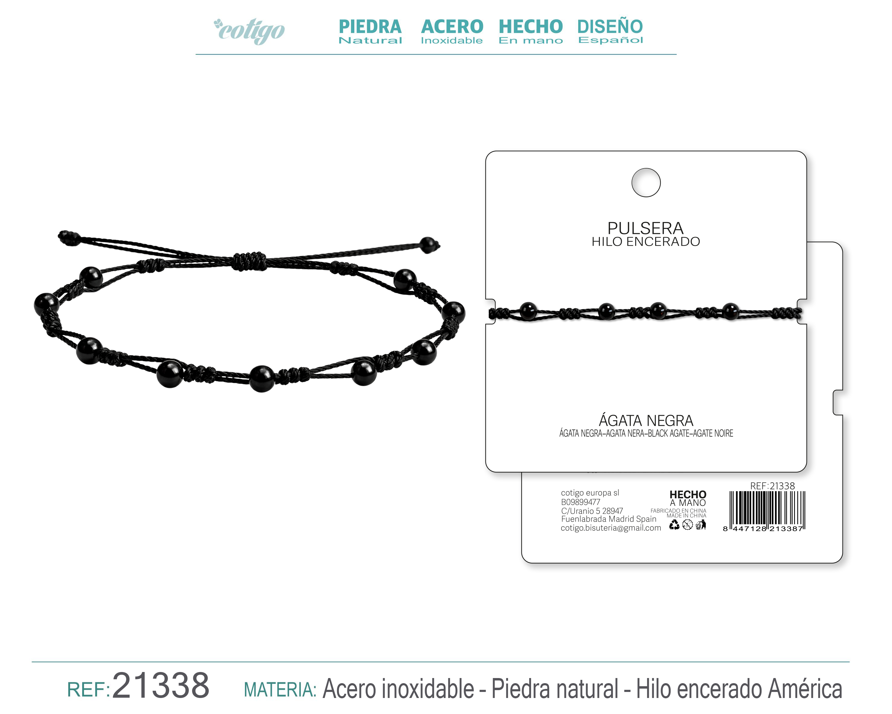 PULSERA HILO ENCERADO CON AGATA NEGRA
