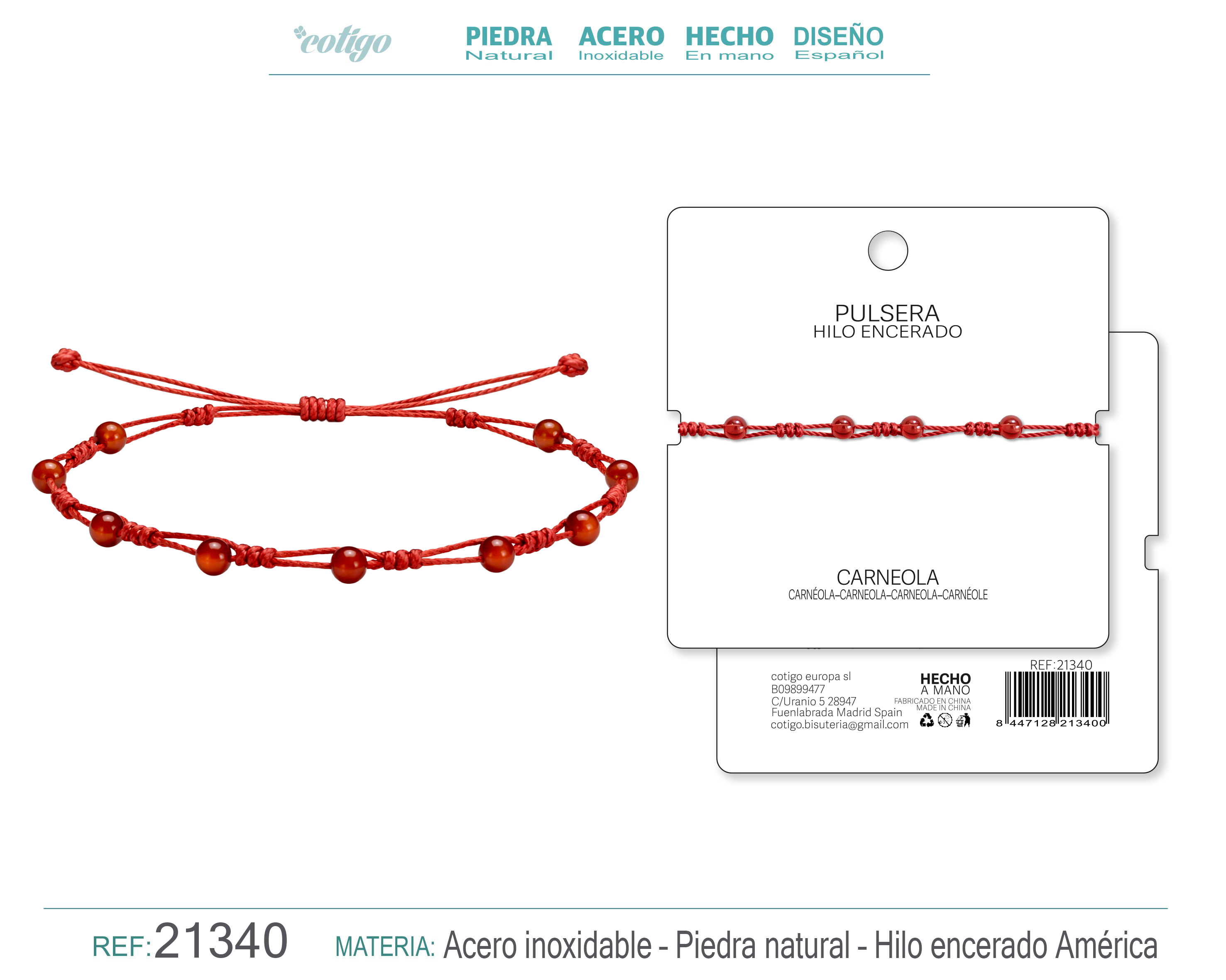 PULSERA HILO ENCERADO CON CARNEOLA