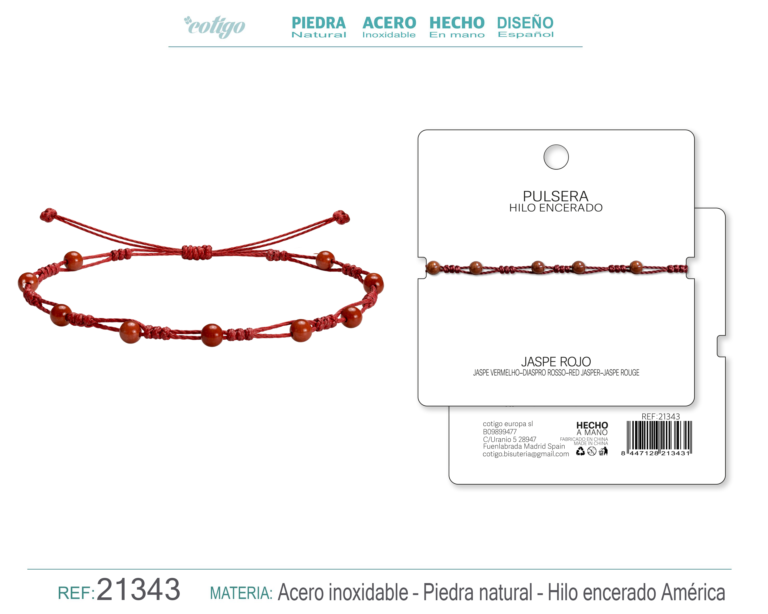 PULSERA HILO ENCERADO CON JASPE ROO