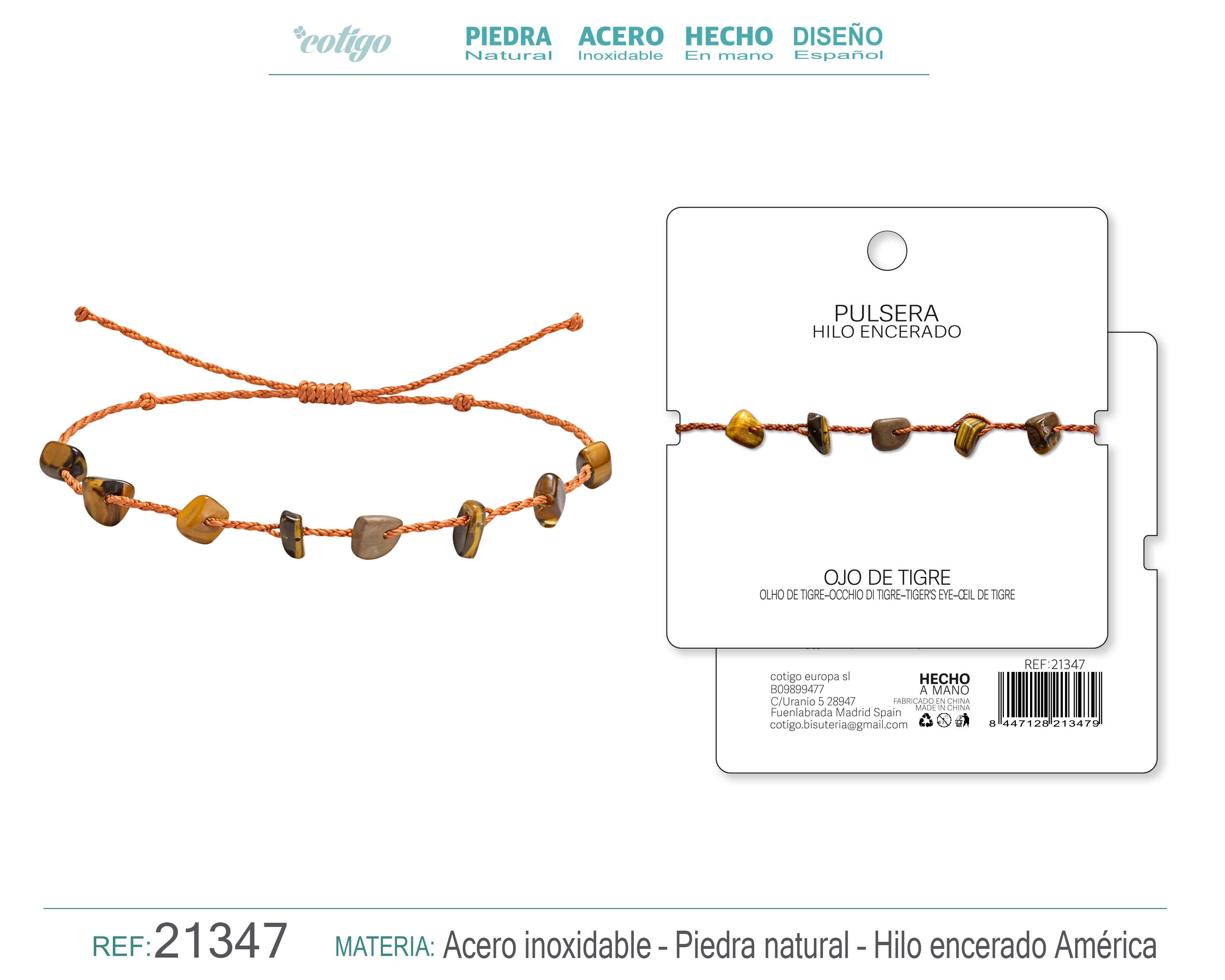 PULSERA HILO ENCERADO CON OJO DE TIGRE