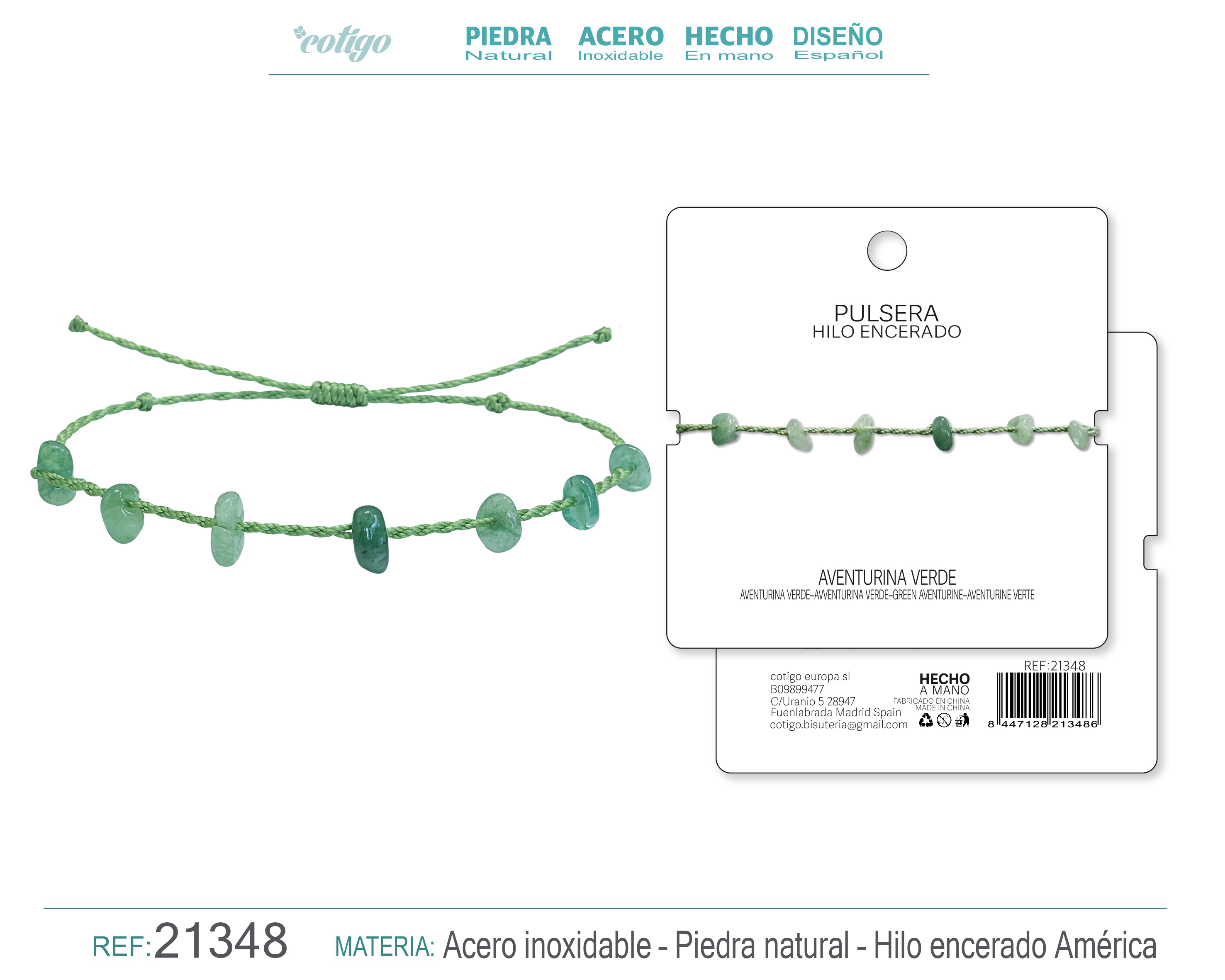 PULSERA HILO ENCERADO CON AVENTURINA VERDE