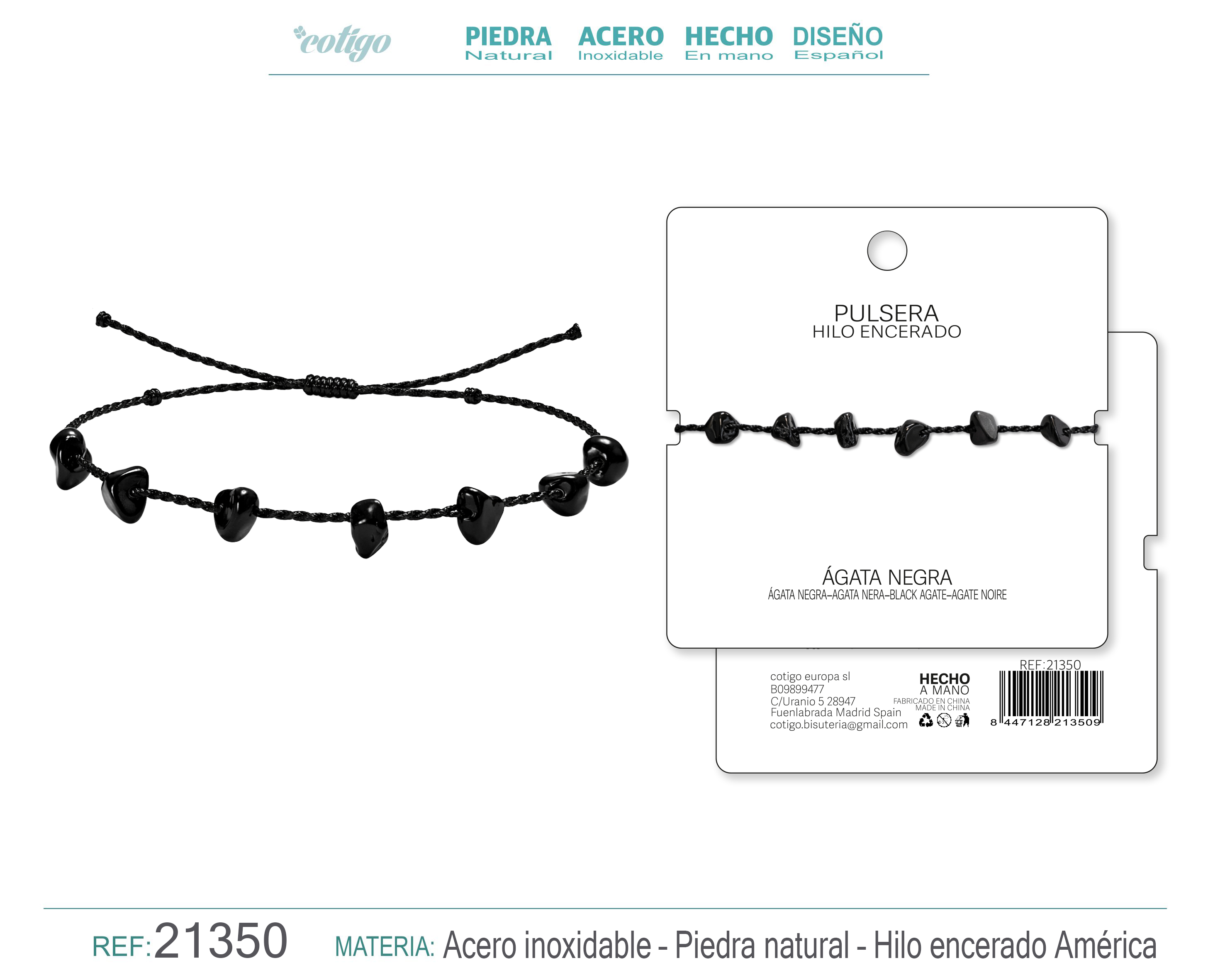 PULSERA HILO ENCERADO CON AGATA NEGRA