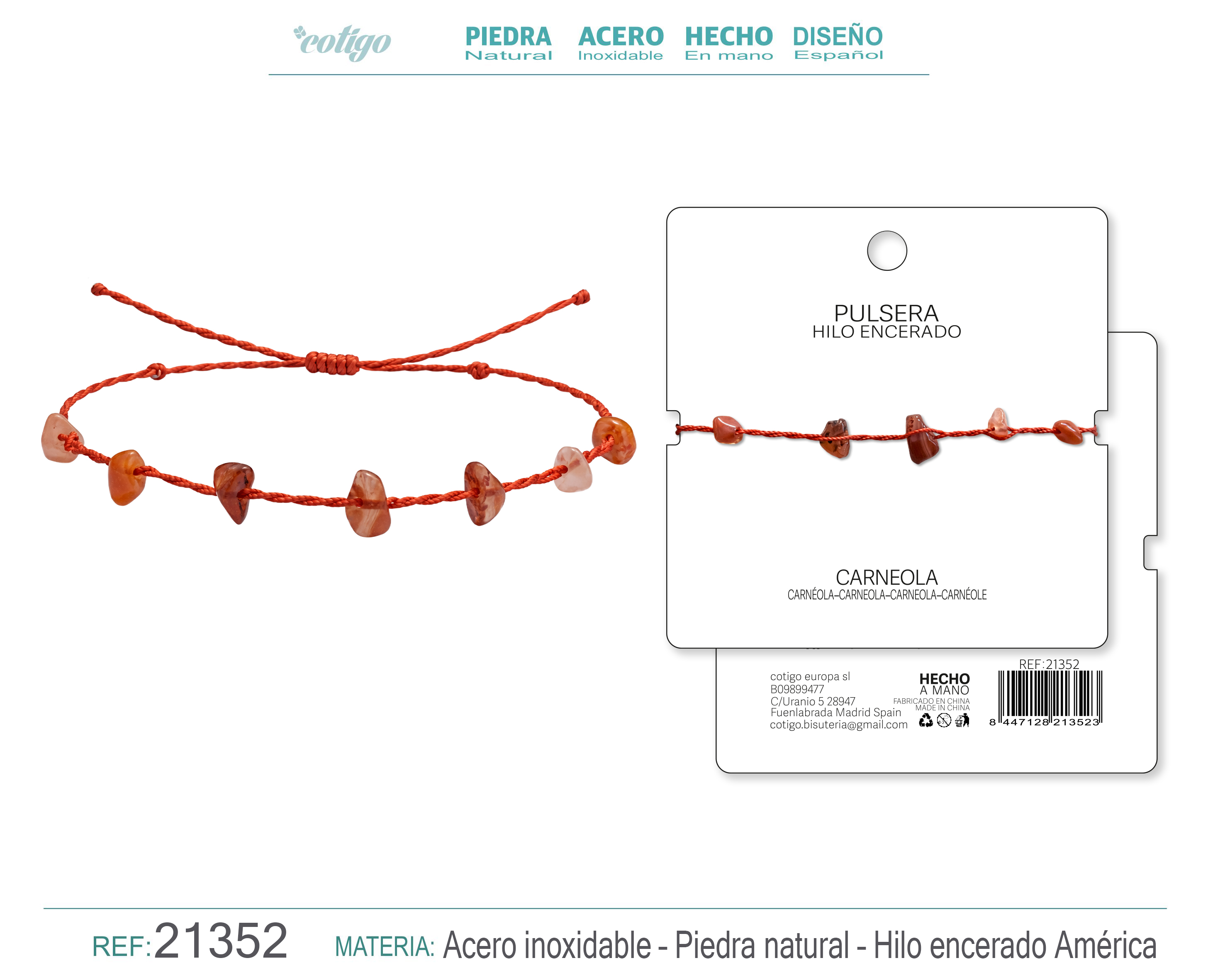 PULSERA HILO ENCERADO CON CARNEOLA