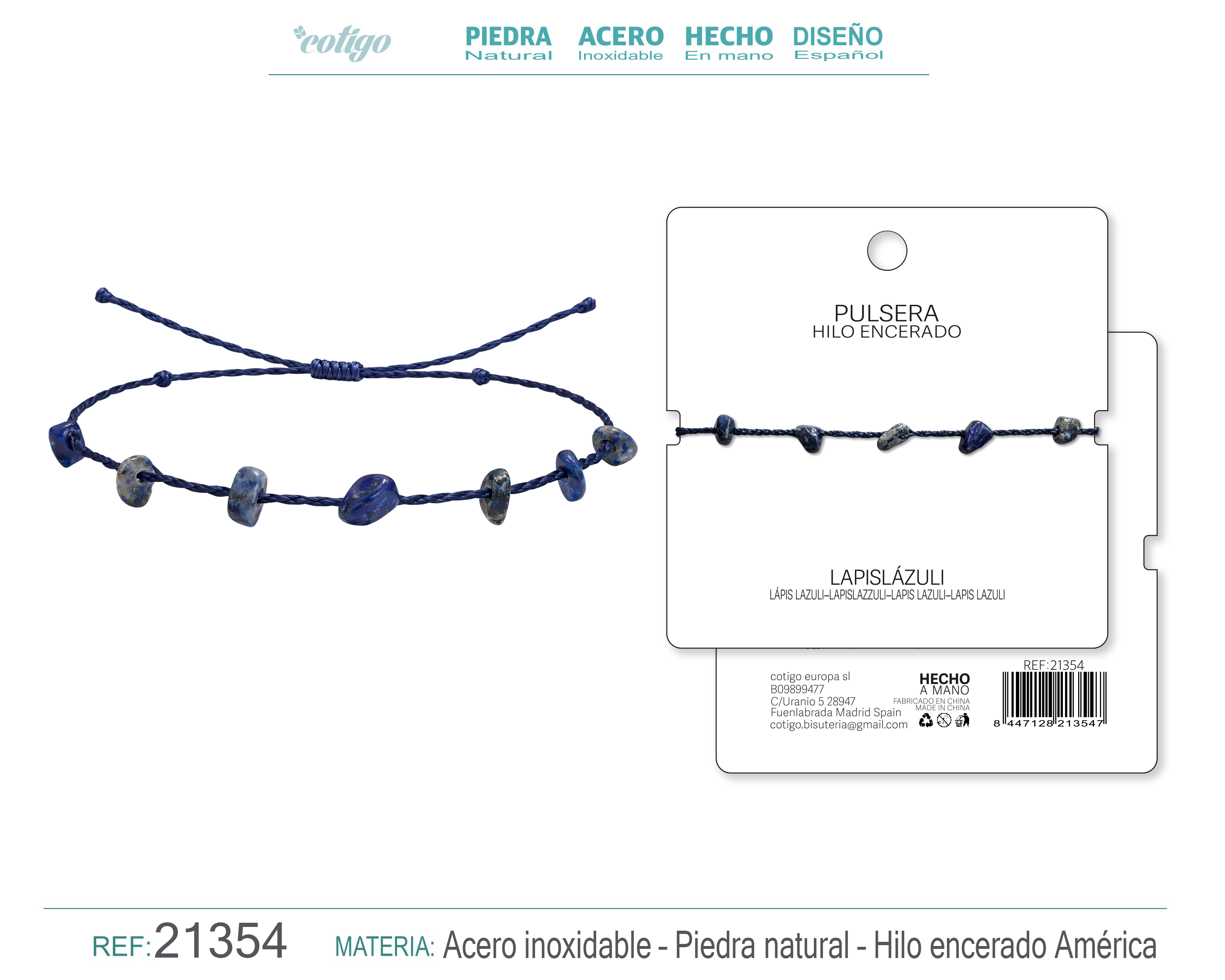 PULSERA HILO ENCERADO CON LAPIZRAZURI