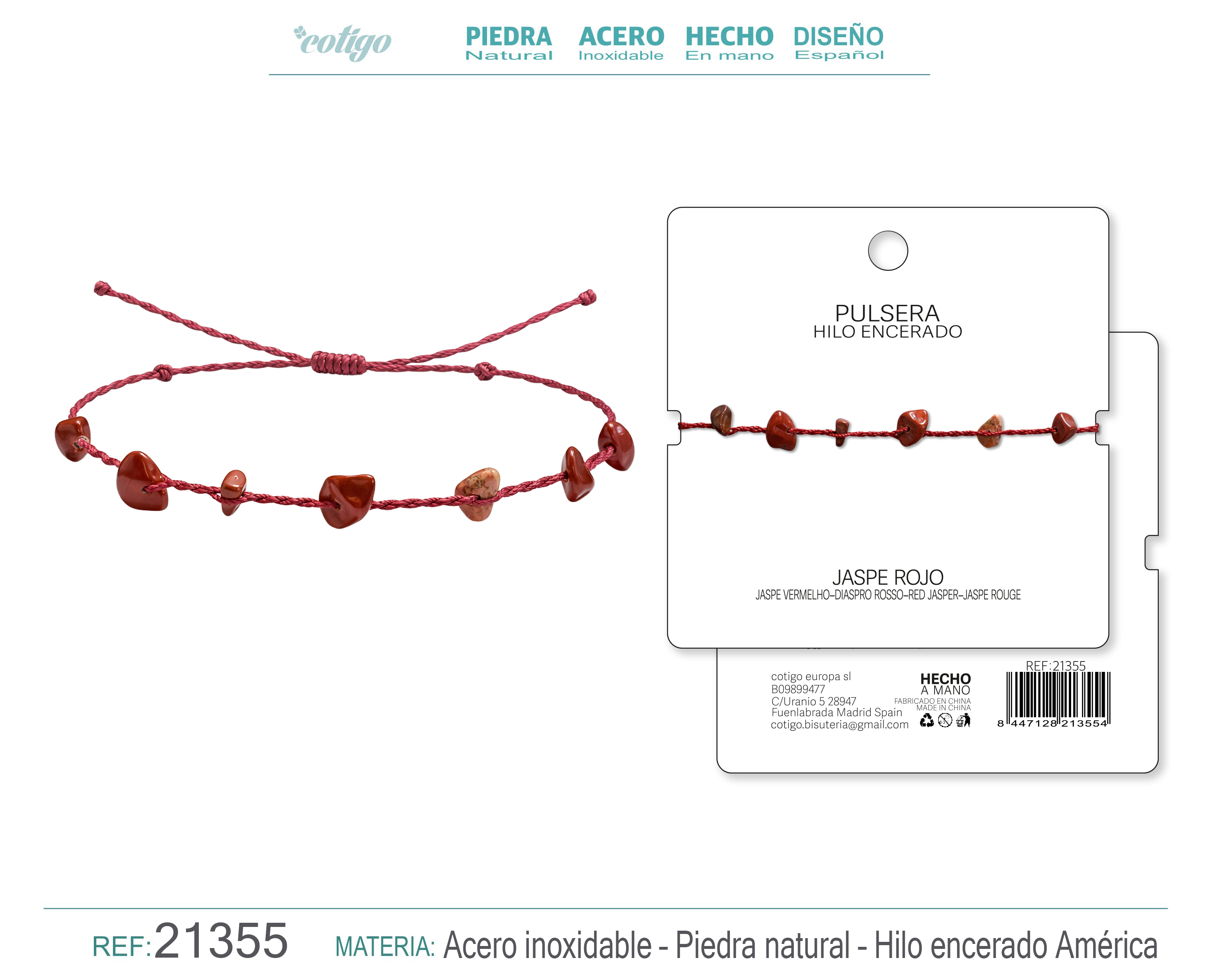 PULSERA HILO ENCERADO CON JASPE ROO