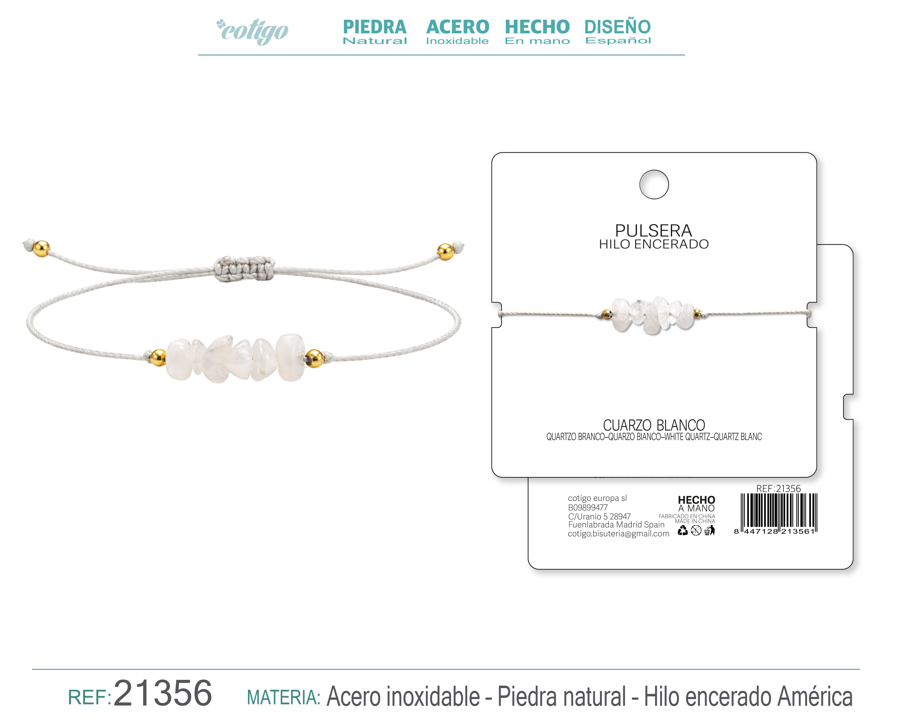 PULSERA HILO ENCERADO CON CUARZO BLANCO