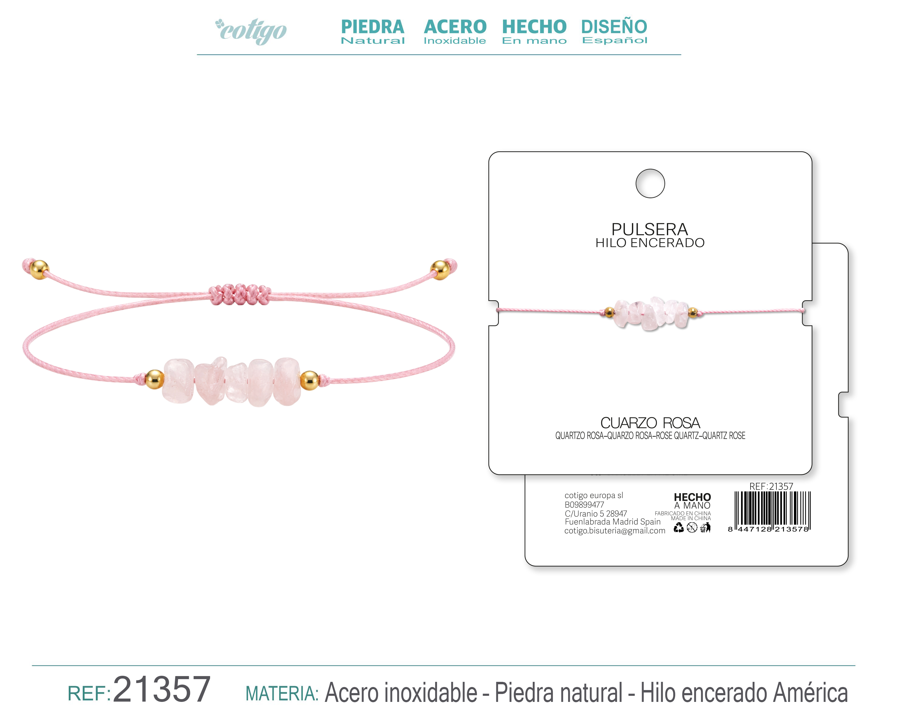 PULSERA HILO ENCERADO CON CUARZO ROSA
