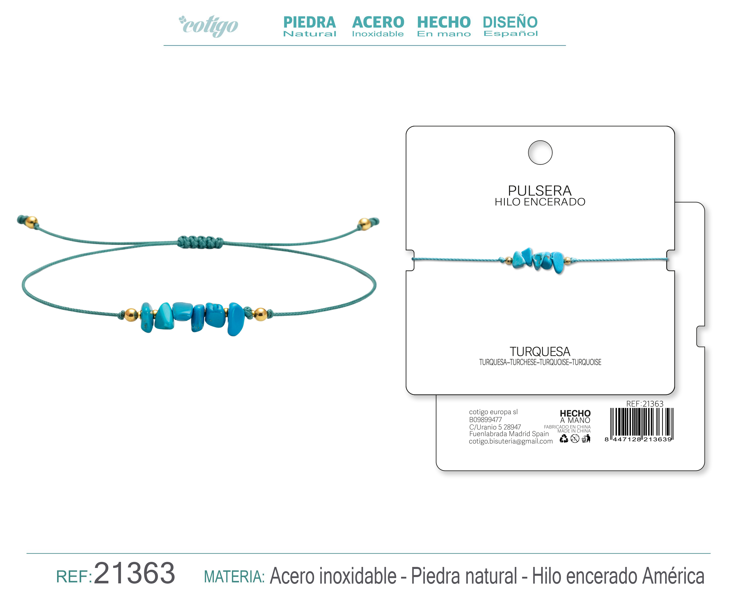 PULSERA HILO ENCERADO CON TURQUESA