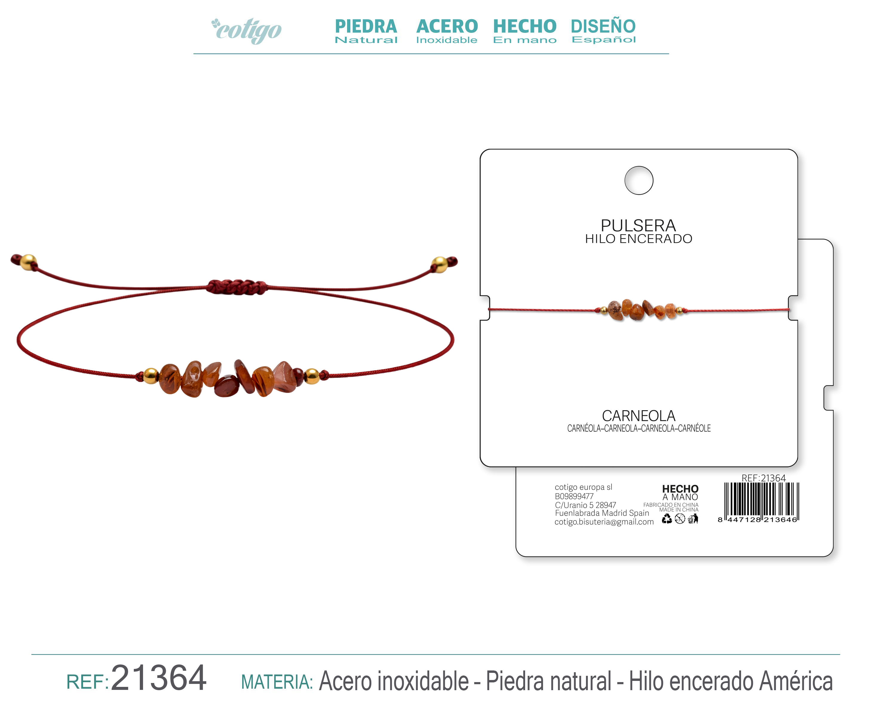 PULSERA HILO ENCERADO CON CARNEOLA