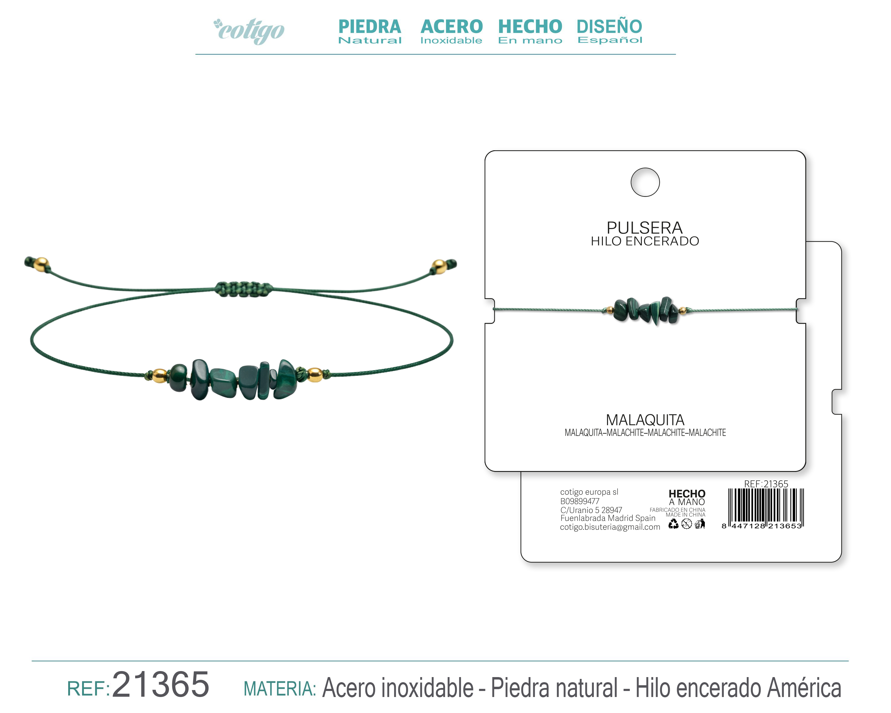 PULSERA HILO ENCERADO CON MALAQUITA