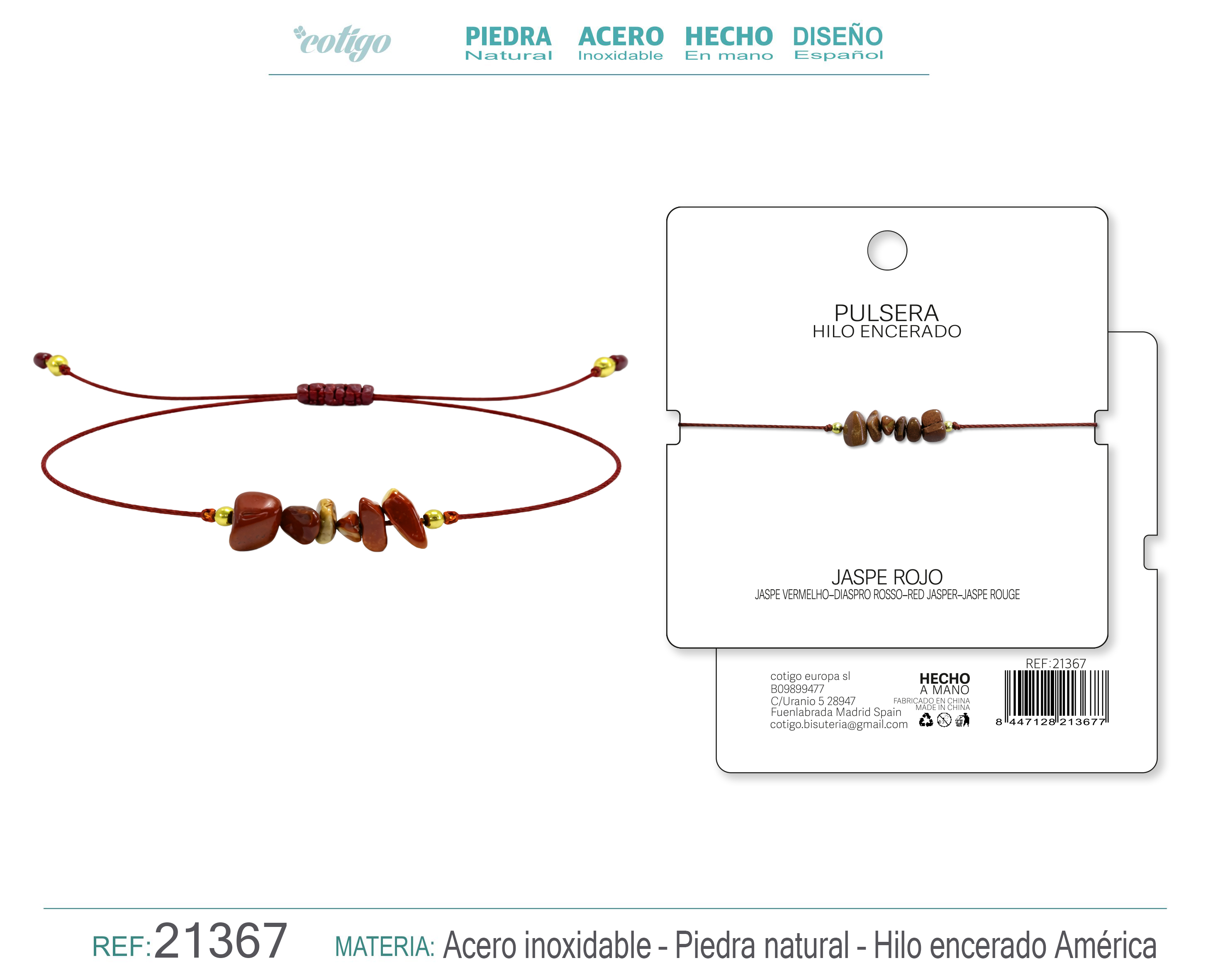 PULSERA HILO ENCERADO CON JASPE ROO