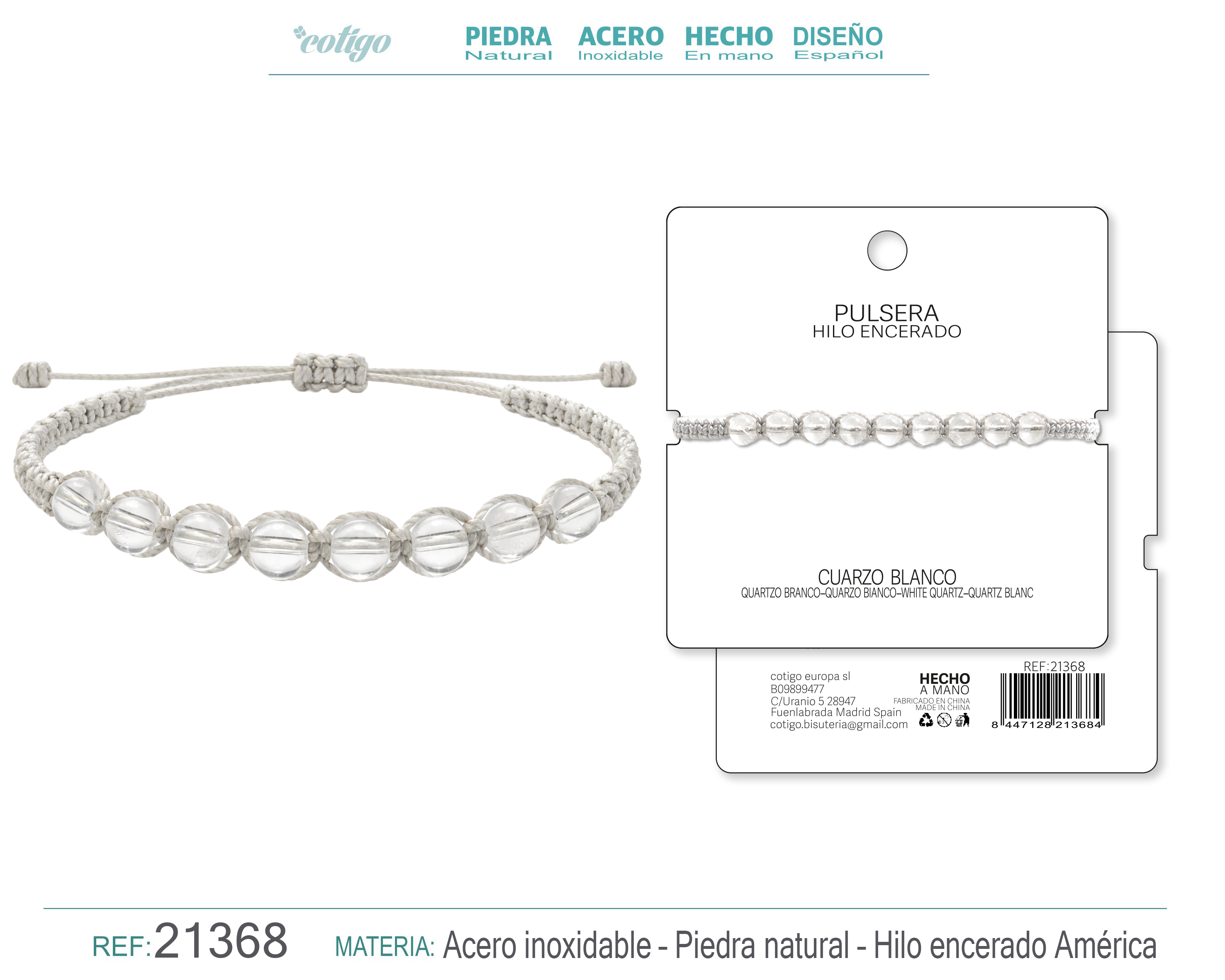 PULSERA HILO ENCERADO CON CUARZO BLANCO