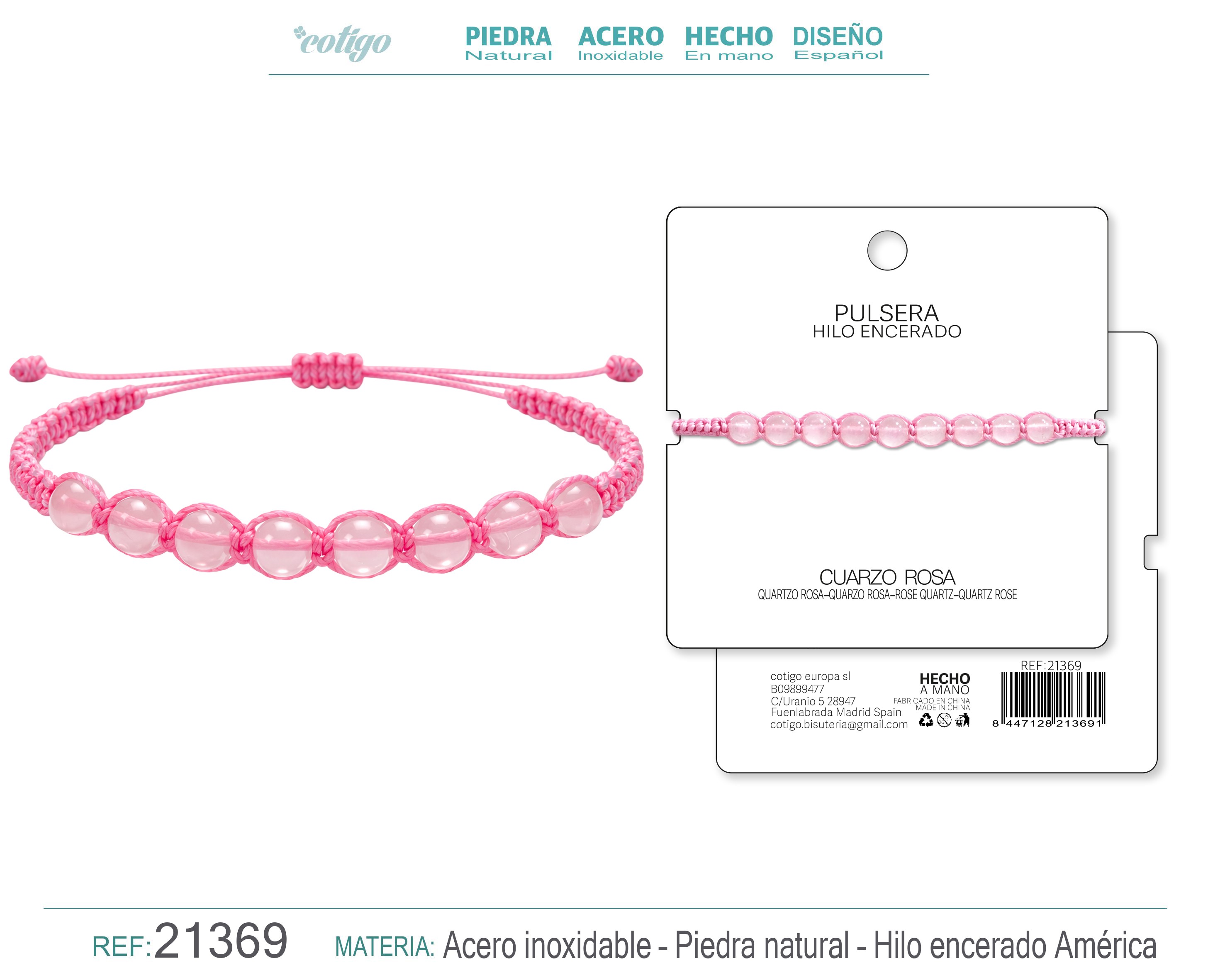 PULSERA HILO ENCERADO CON CUARZO ROSA