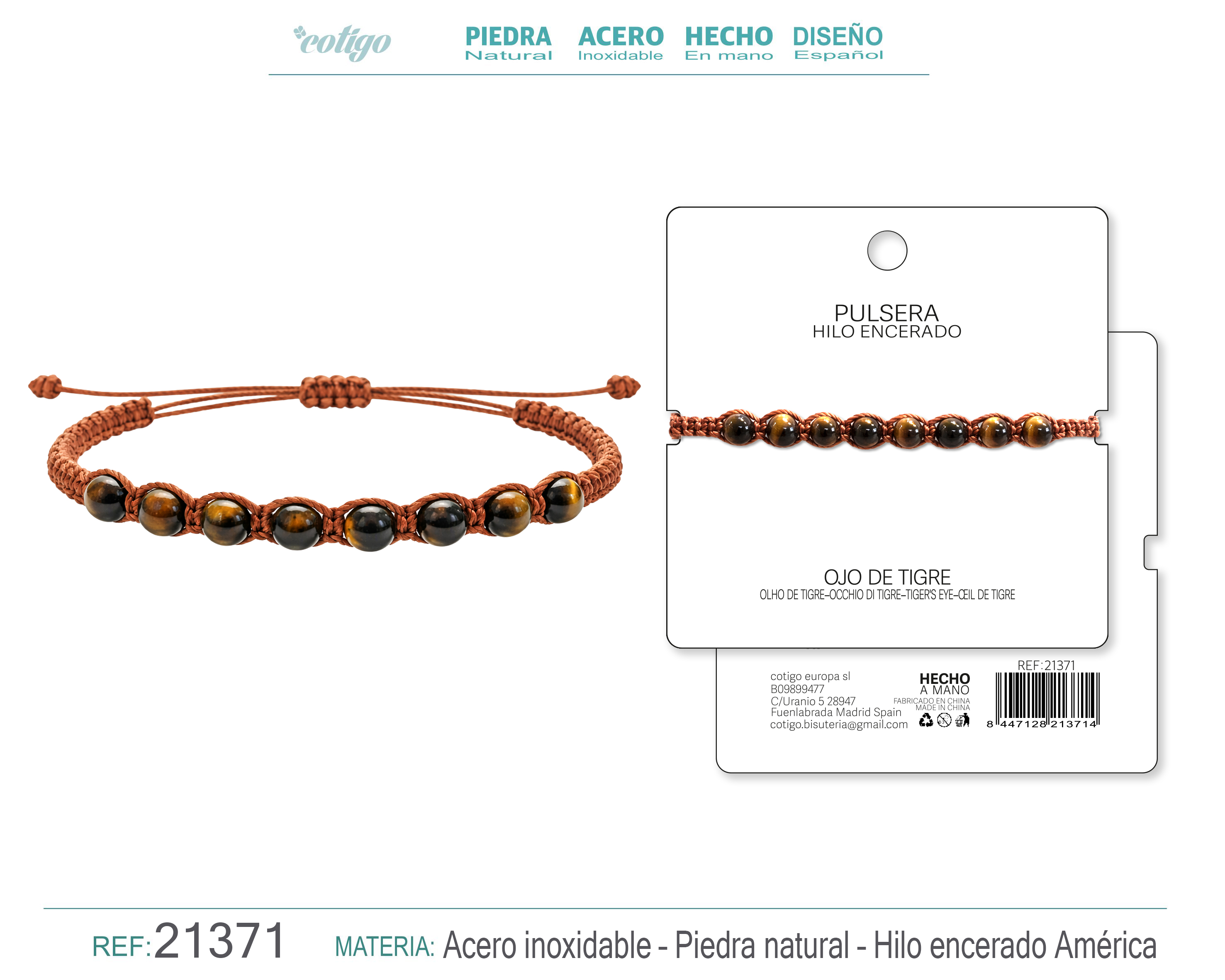 PULSERA HILO ENCERADO CON OJO DE TIGRE