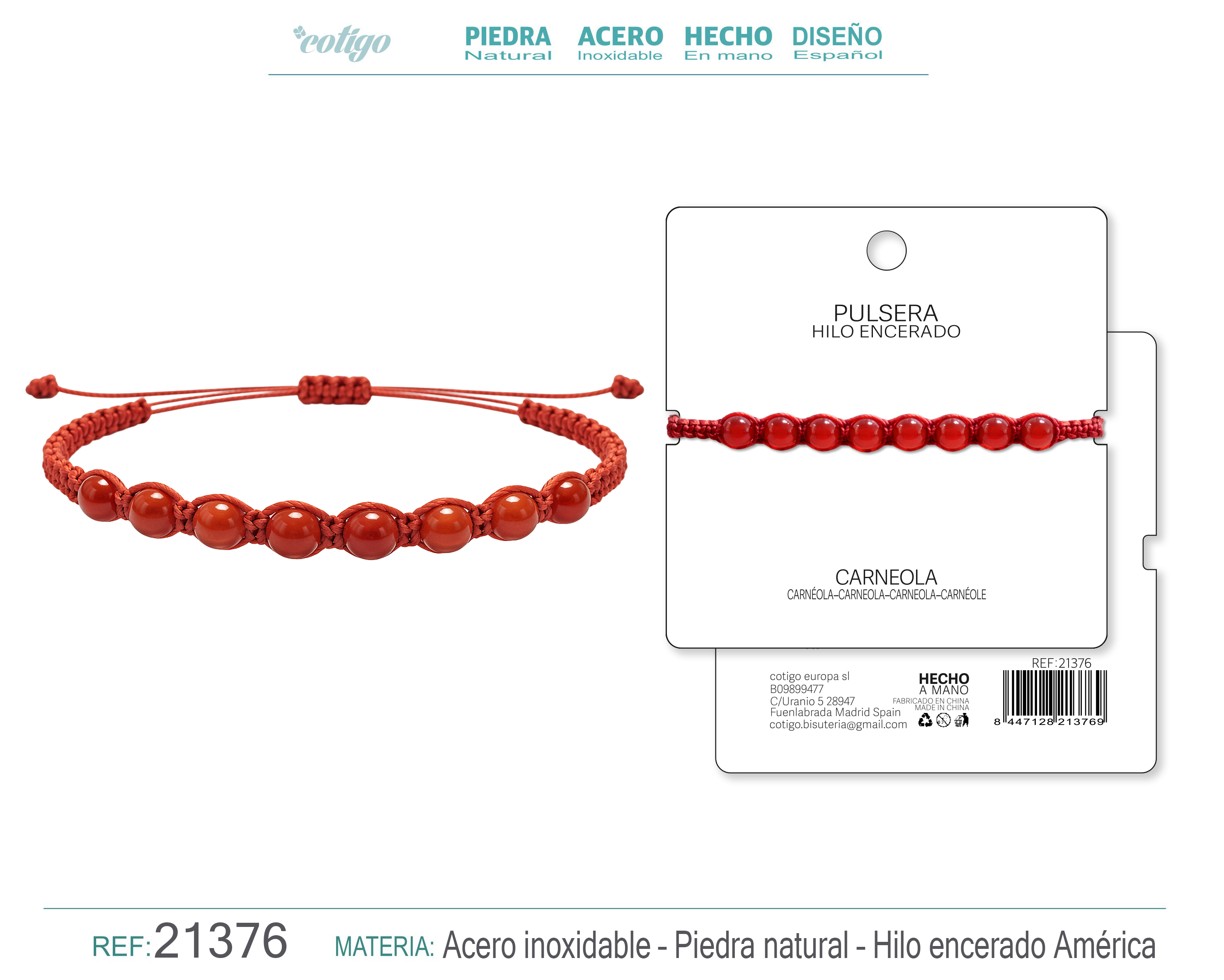 PULSERA HILO ENCERADO CON CARNEOLA