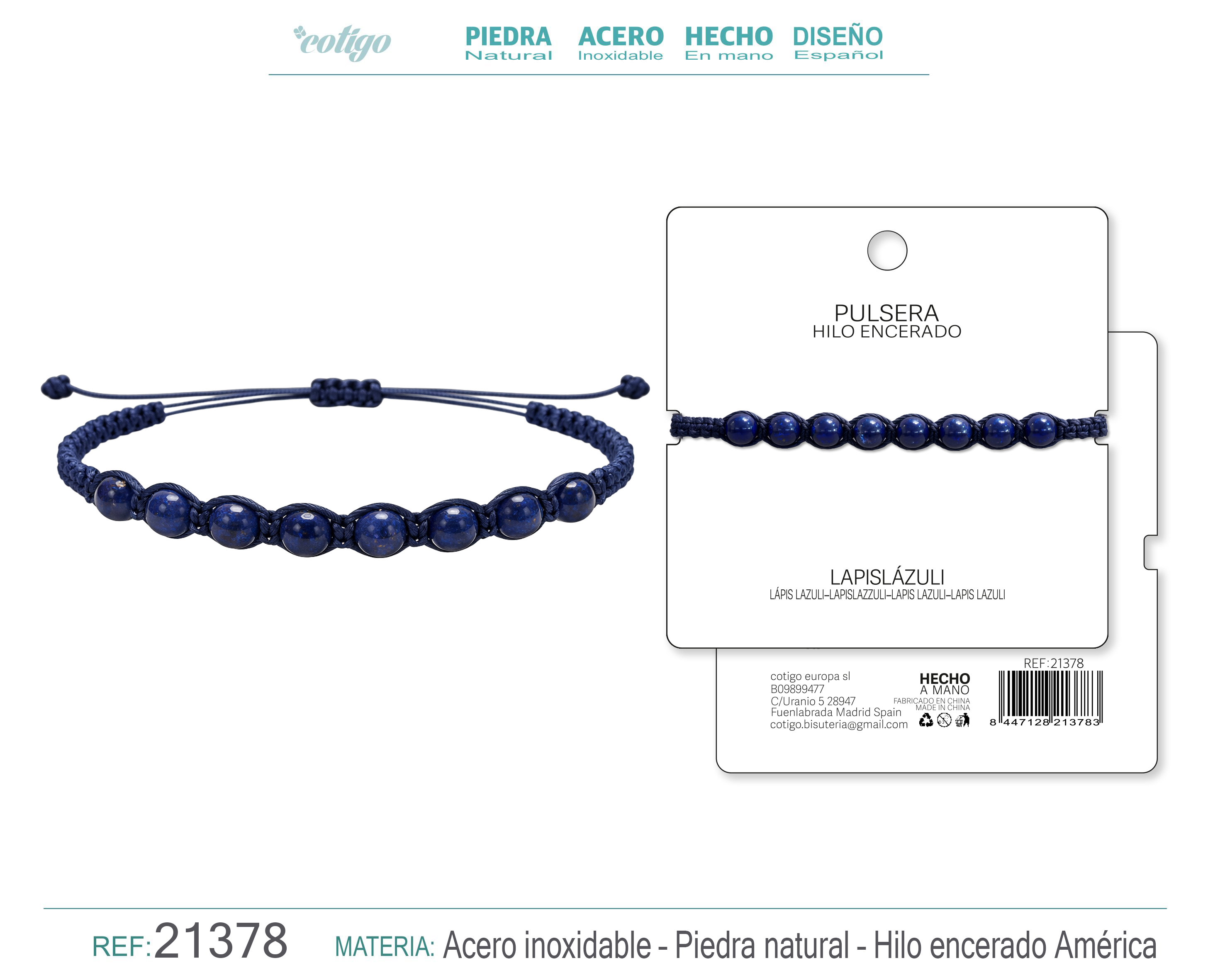 PULSERA HILO ENCERADO CON LAPIZRAZURI